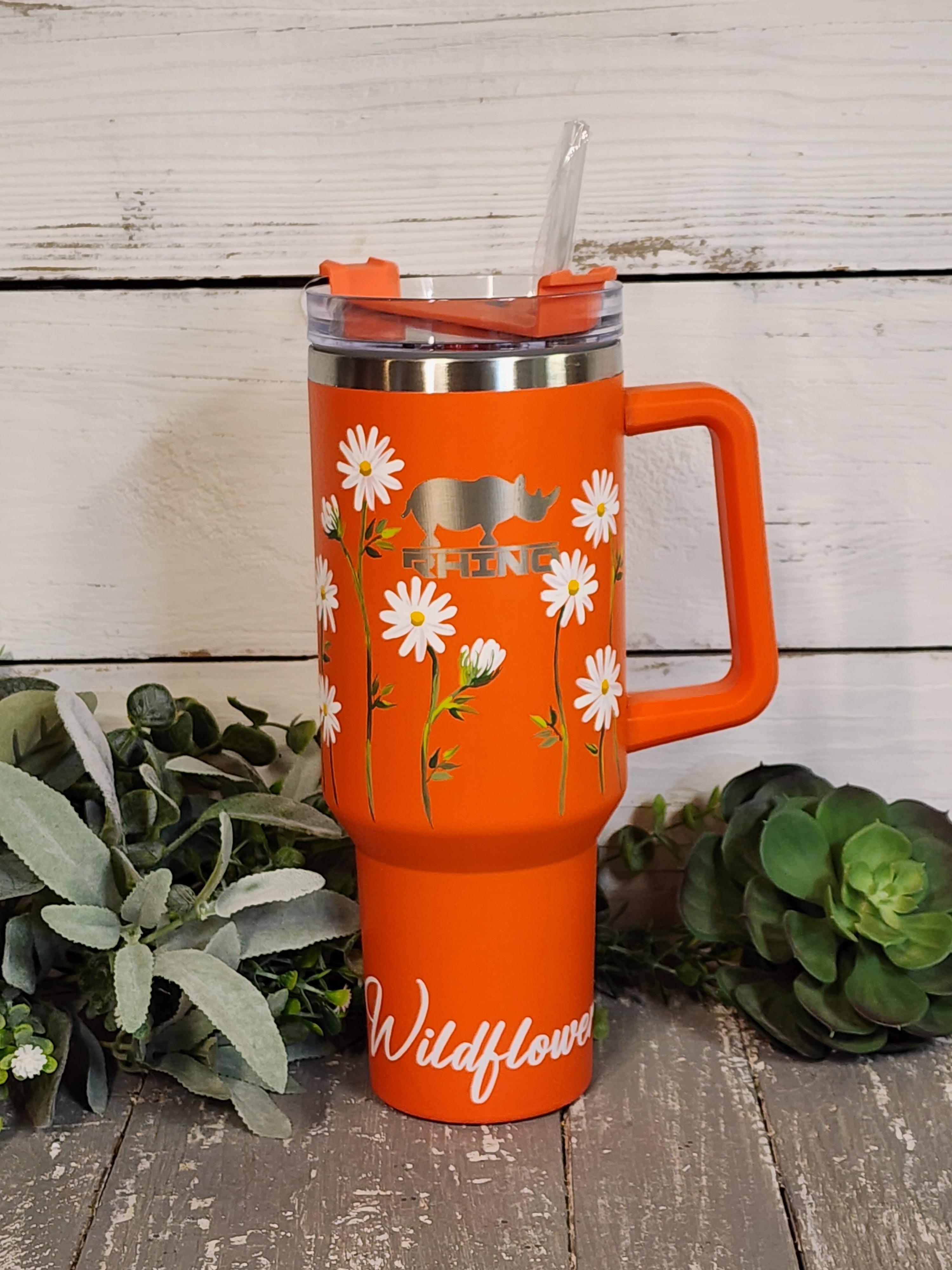 Orange 40oz tumbler with handle, Stanley Dupe with hand painted daisy flowers, "Wildflower", one of a kind floral design, water bottle