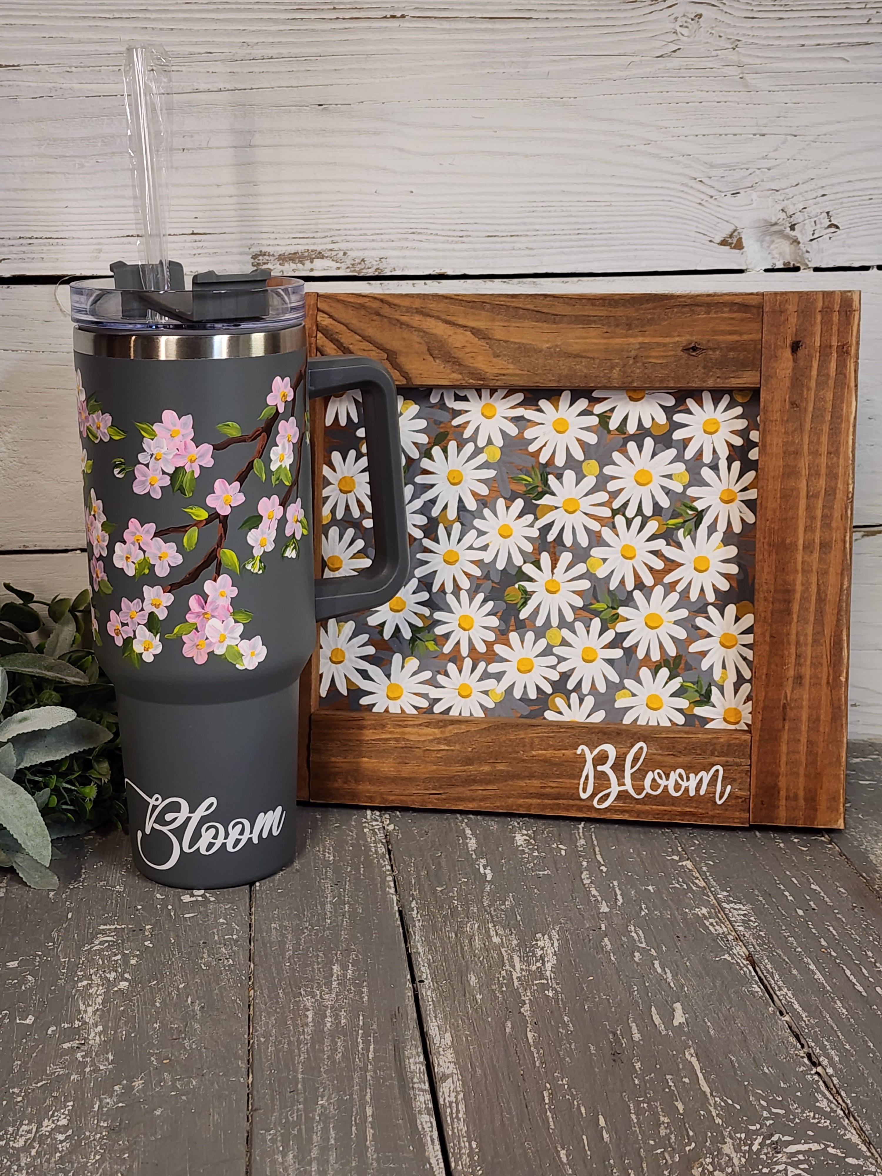 Gift set Gray and white 40oz tumbler with painted white daisies, Women's Christmas Gift, framed pallet wood daisy painting,  "Bloom", apple blossom design, custom water bottle