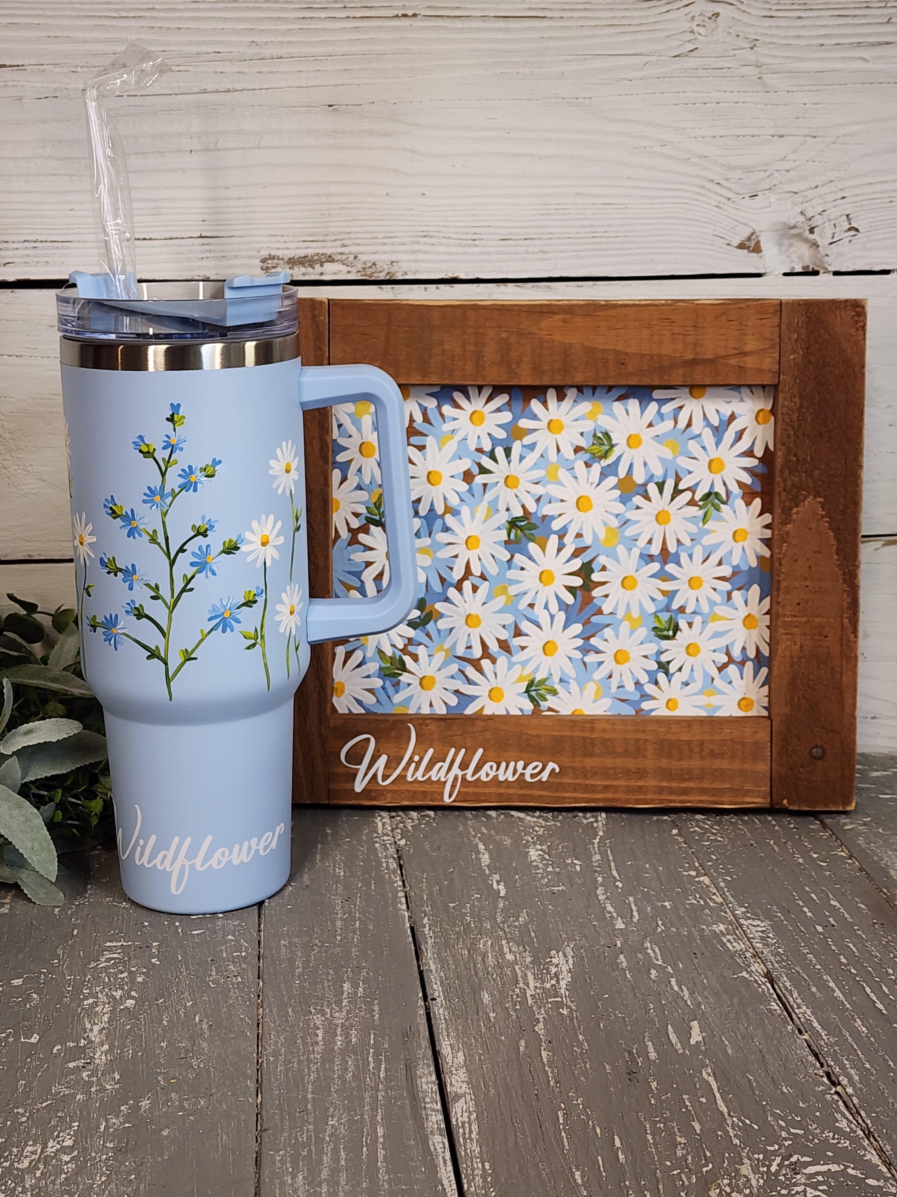 Gift set Light blue 40oz tumbler with painted white daisies, framed pallet wood daisy painting,  "Wildflower", one of a kind floral design, custom water bottle
