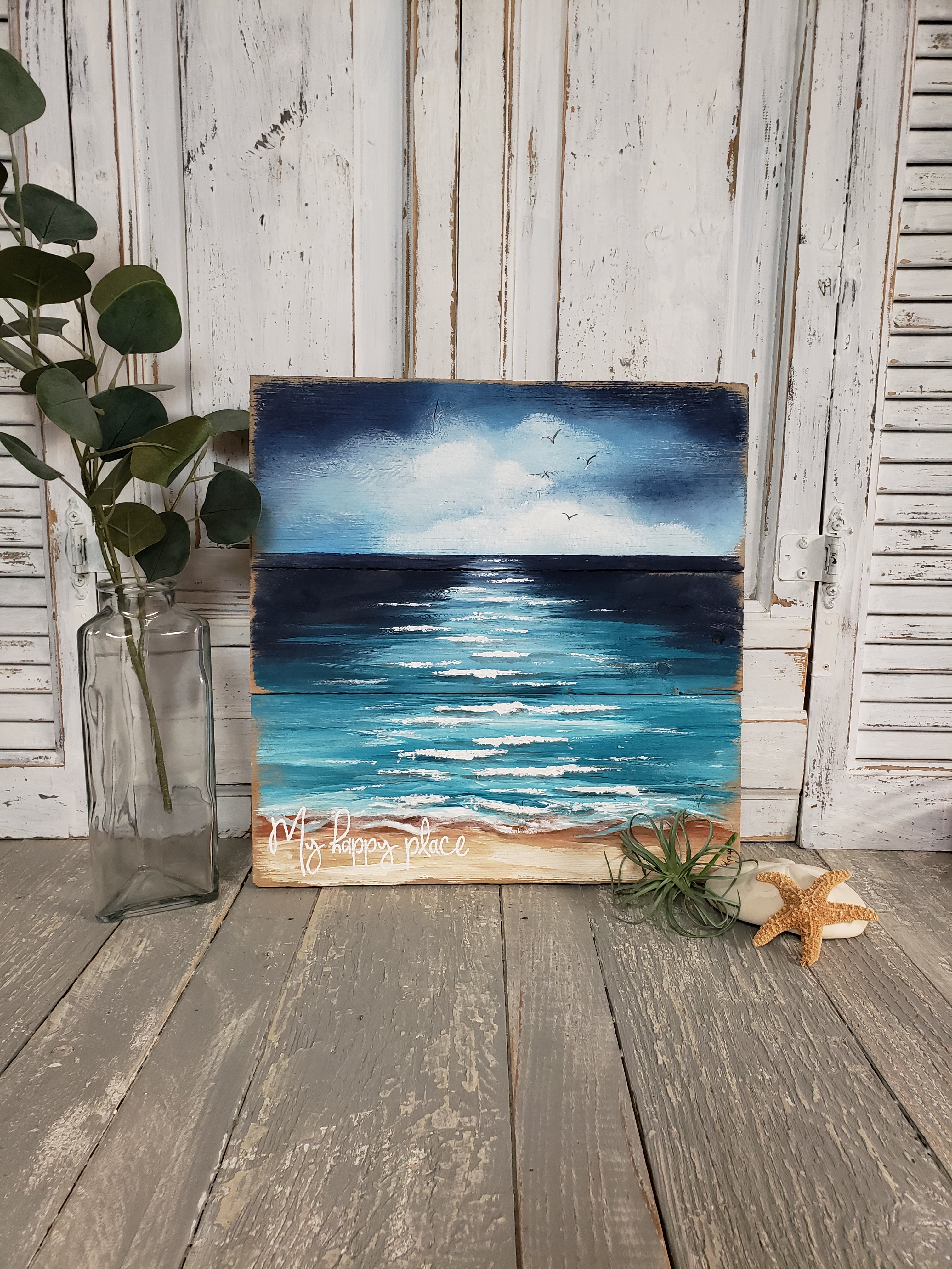 Hand painted beach pallet art, Reclaimed wood cottage decor, my happy place