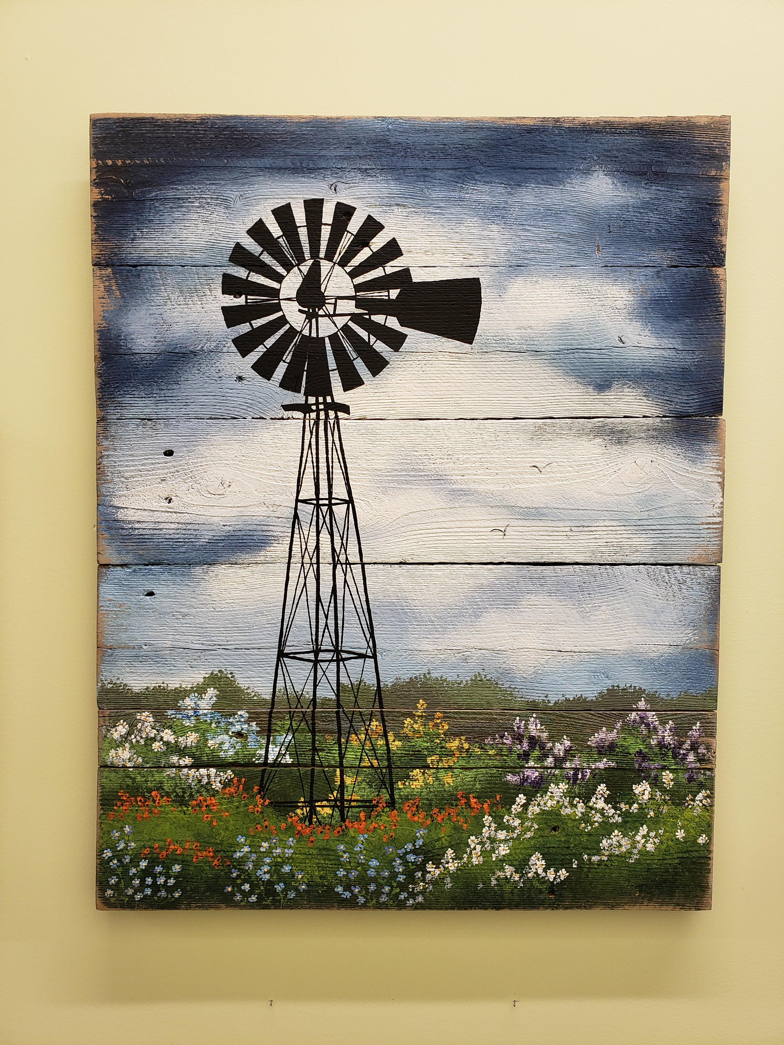 Windmill 3 Piece Large painting, farmhouse large country wall decor,  flower field with white fence, customize word sign, Couch art