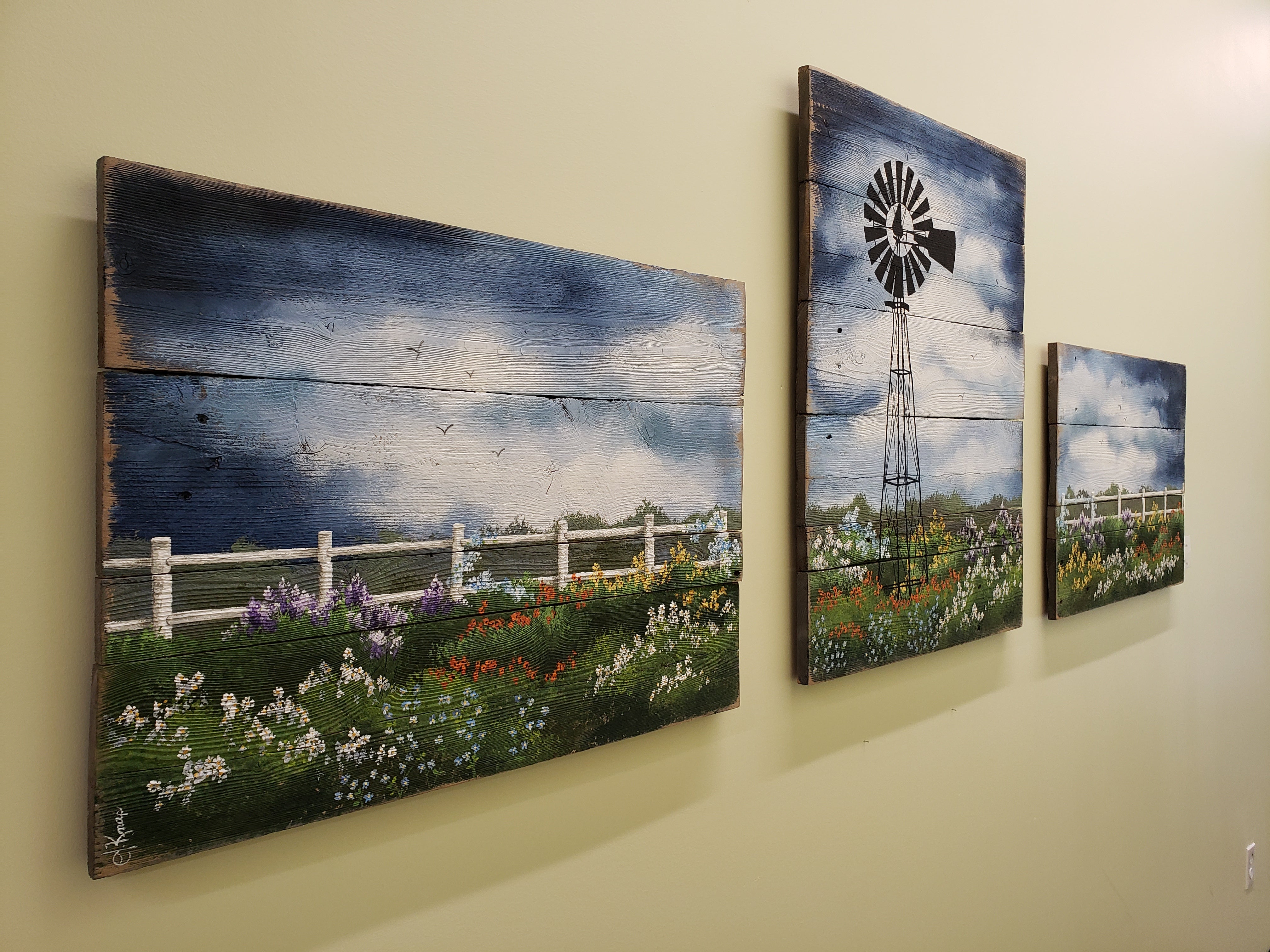Windmill 3 Piece Large painting, farmhouse large country wall decor,  flower field with white fence, customize word sign, Couch art