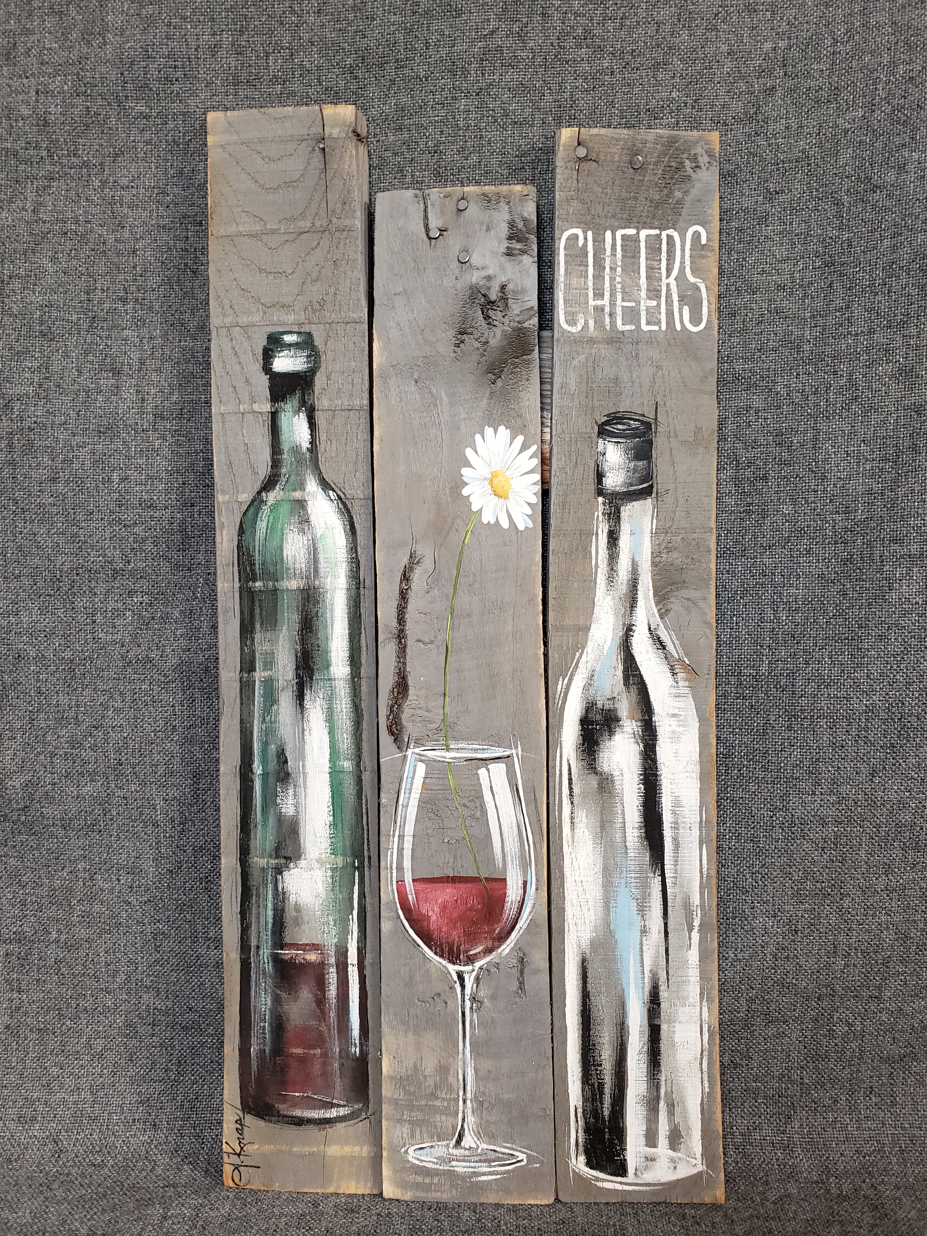 Wine bottle hand painted pallet art, wine lover gift, cheers word art, rustic farmhouse decor
