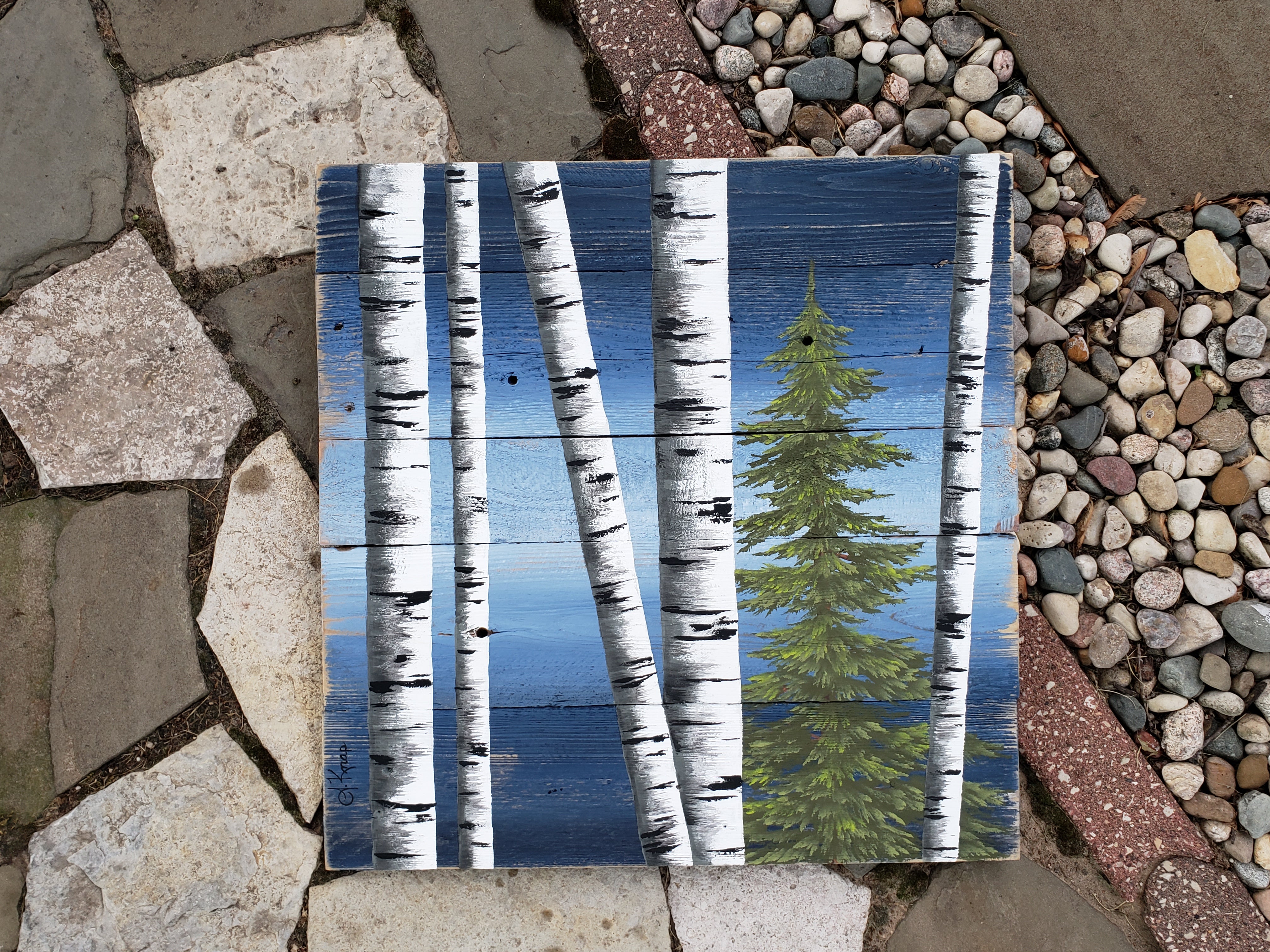 Sky blue white birch Painting with pine trees on Pallet wood, 2 Piece set, Hand Painted aspen trees, couch artwork