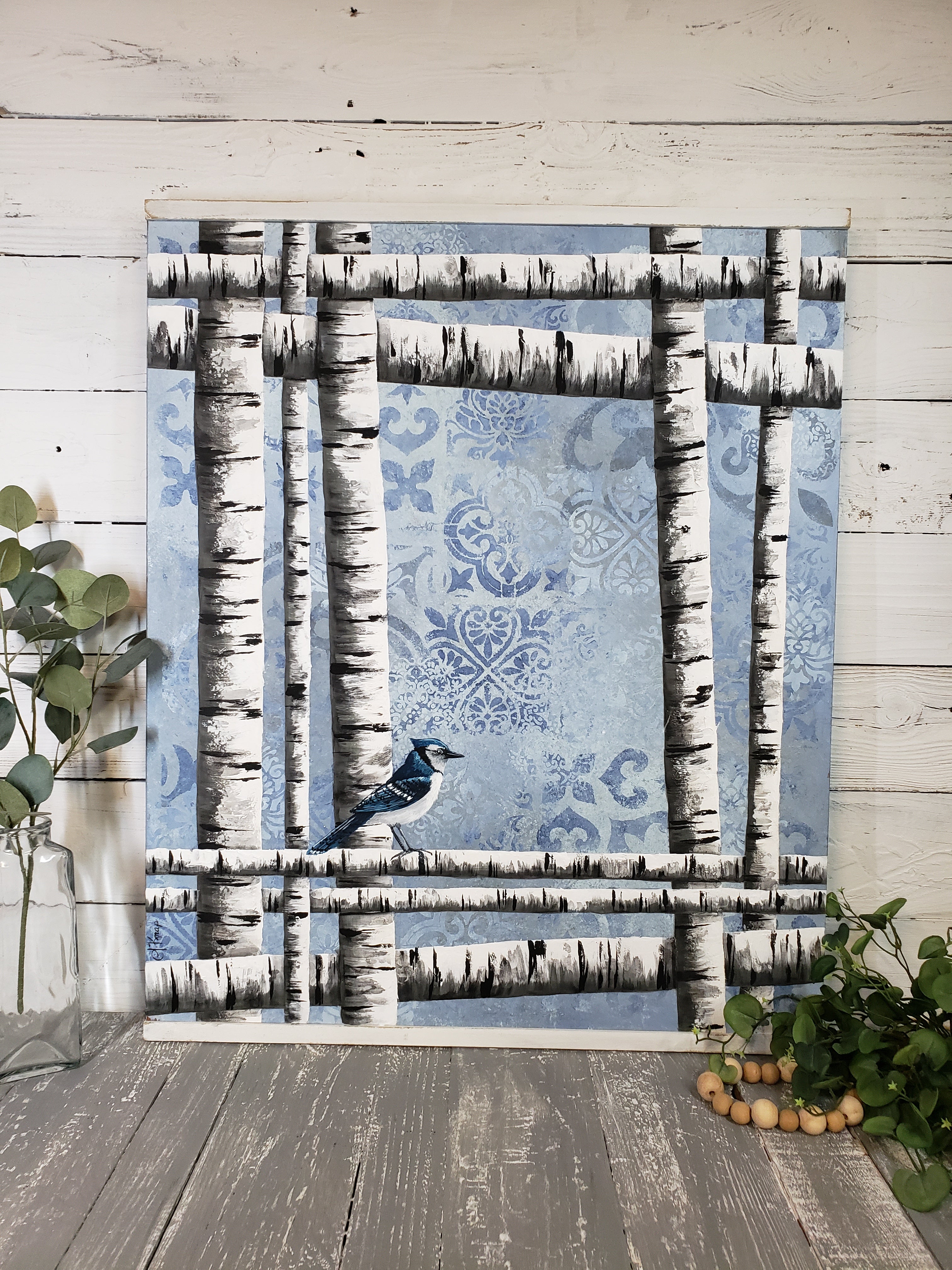 Blue Jay on White Birch Painting, Abstract stencil design on reclaimed wood, Blue Farmhouse decor, BOHO decorative wall decor