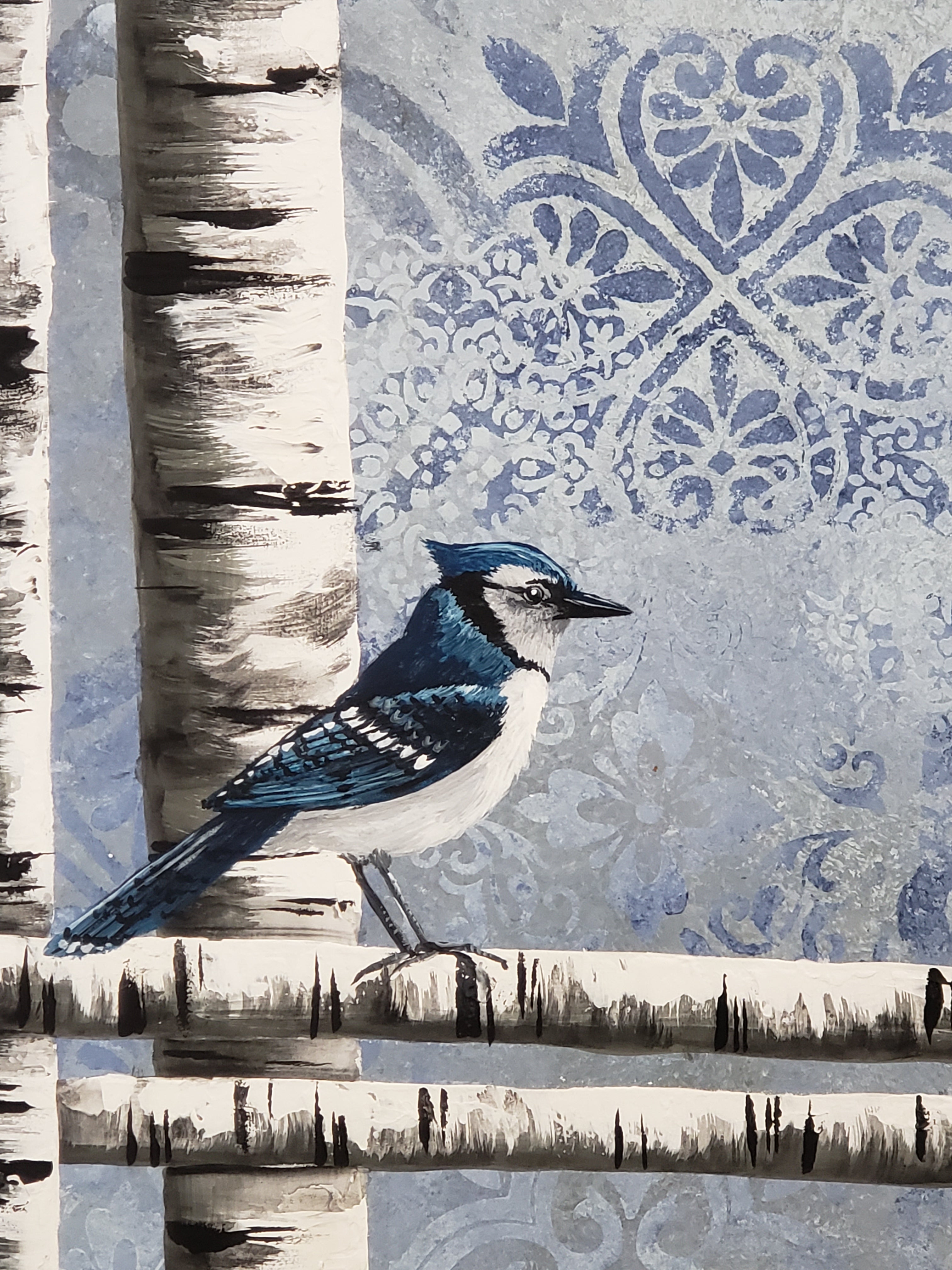 Blue Jay on White Birch Painting, Abstract stencil design on reclaimed wood, Blue Farmhouse decor, BOHO decorative wall decor