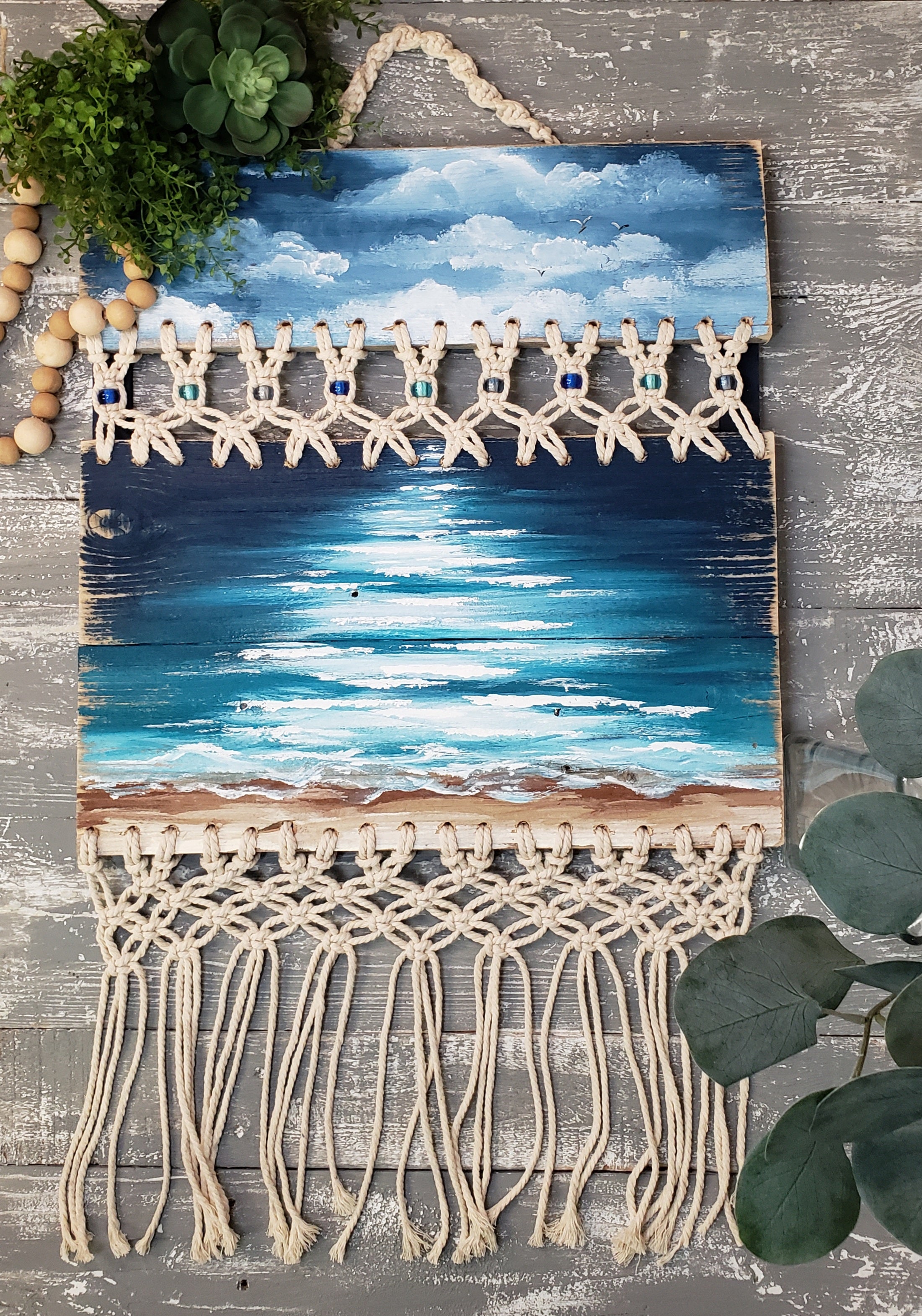 BOHO Macrame Beach painting on pallet wood, beach life, Glass beads, hand painted nautical ocean painting, cottage decorations