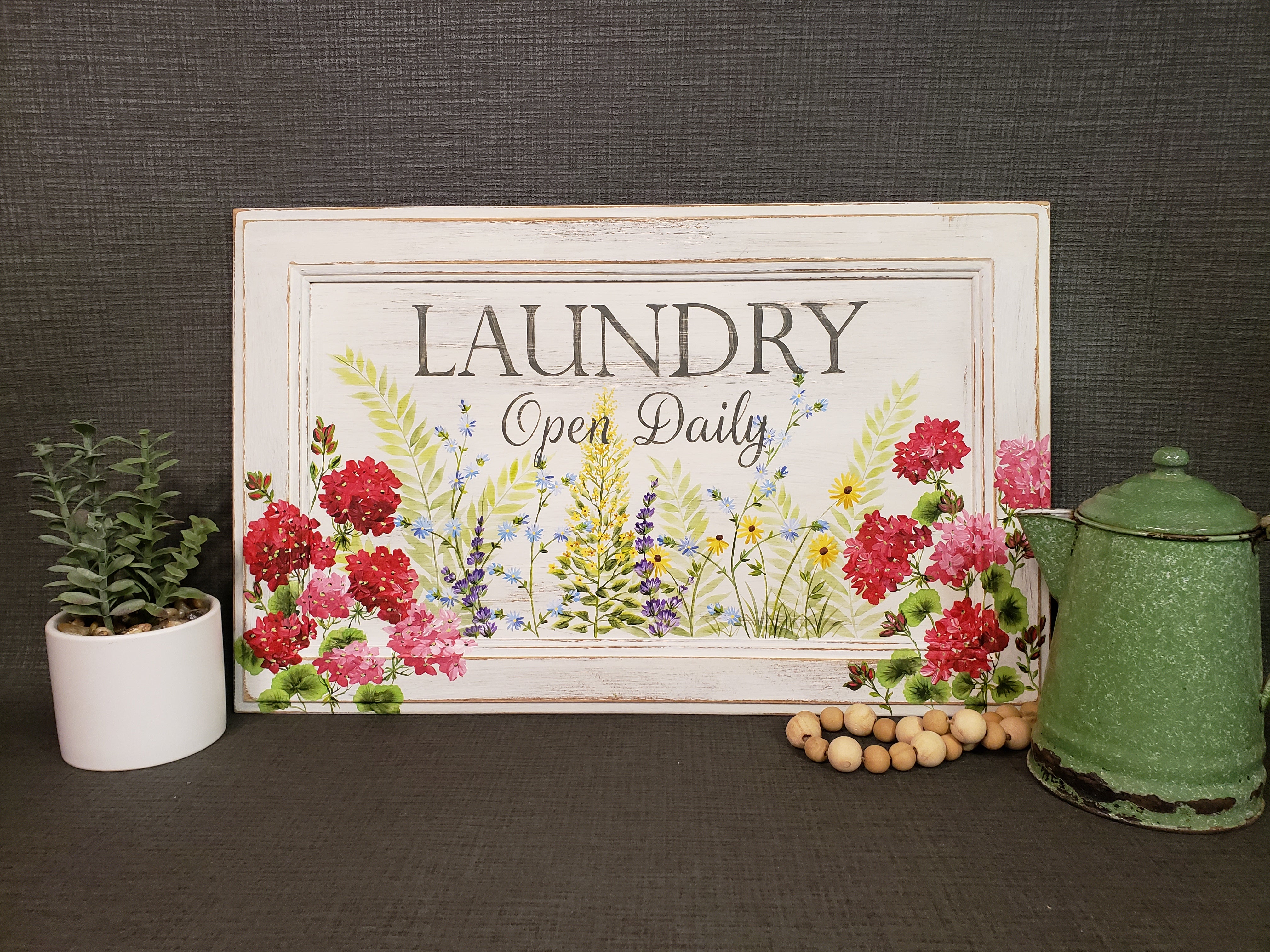 Laundry Sign, hand painted flower laundry open daily painting, laundry wall decor, red and pink geraniums, reclaimed wood