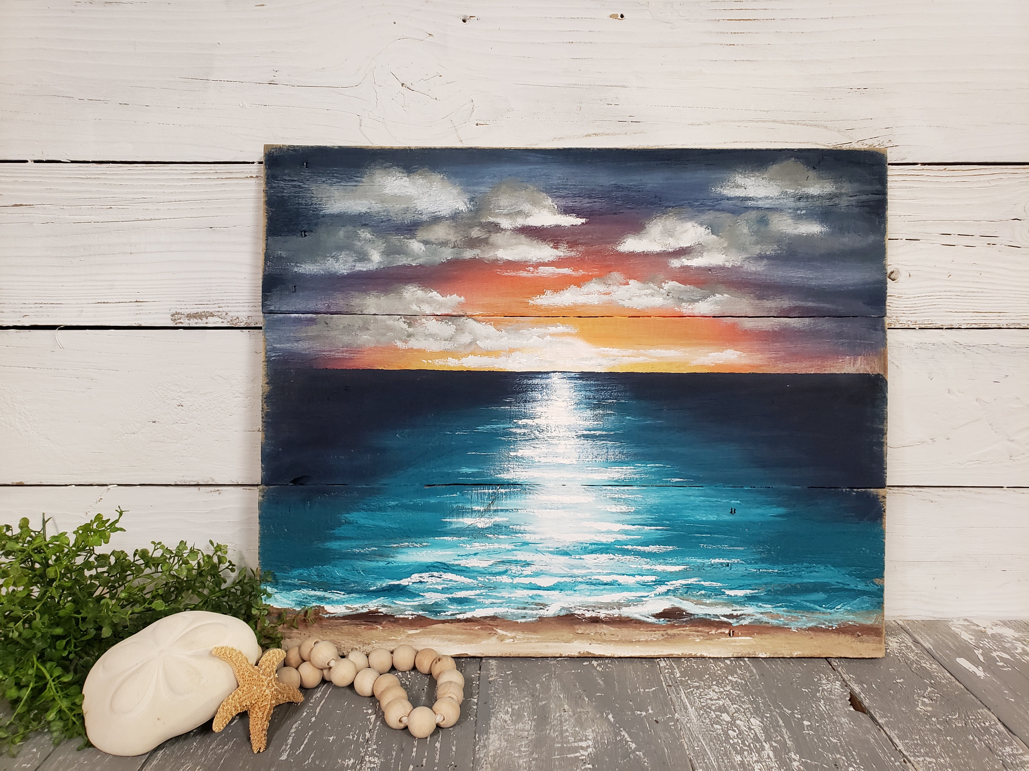 Beach sunset painting, acrylic painting on pallet wood, reclaimed wood nautical mural, cottage summer decor