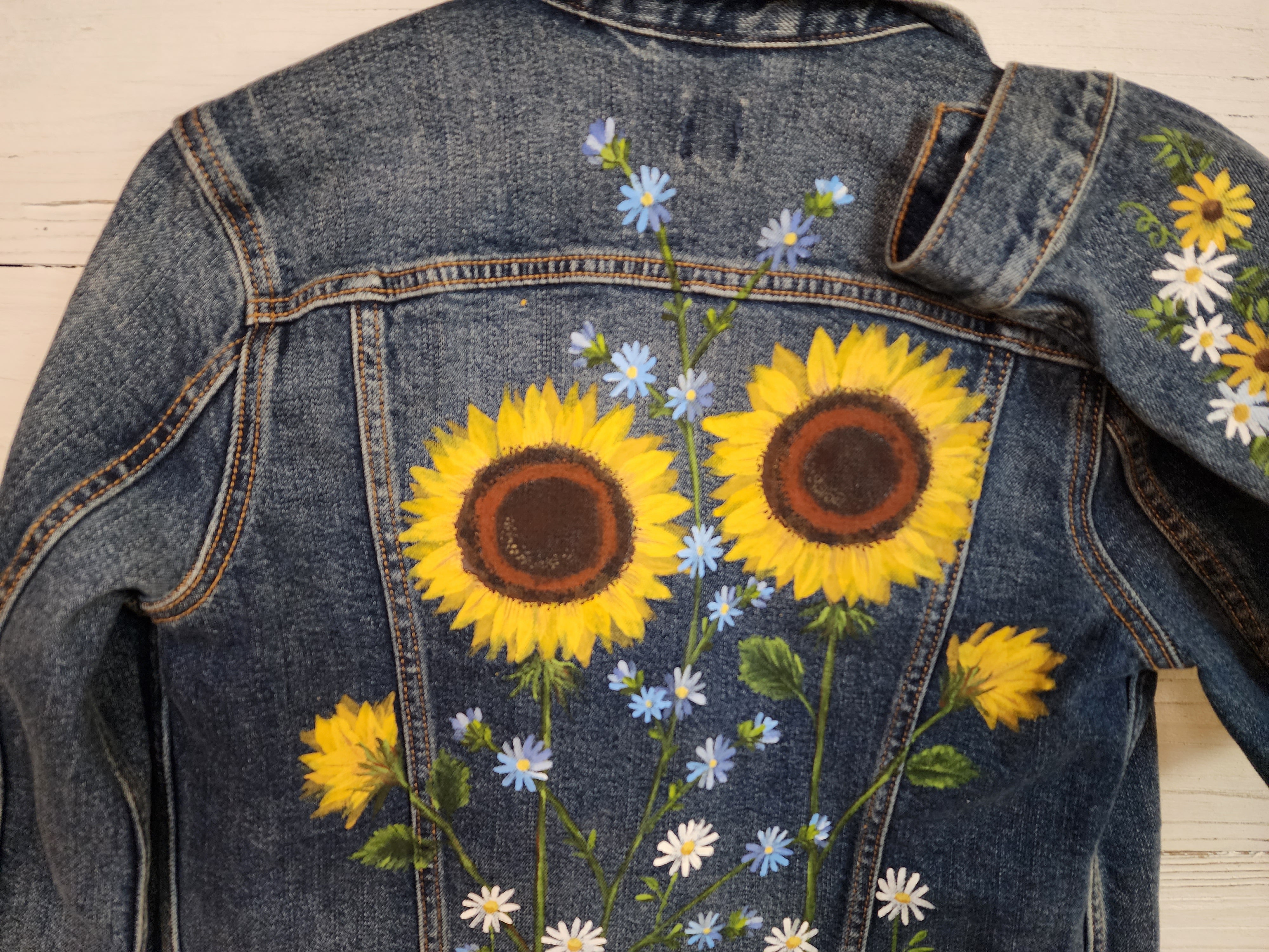 Hand Painted sunflower denim jacket,  Autumn Fall painted flower jean jacket, Custom painting on recycled coat