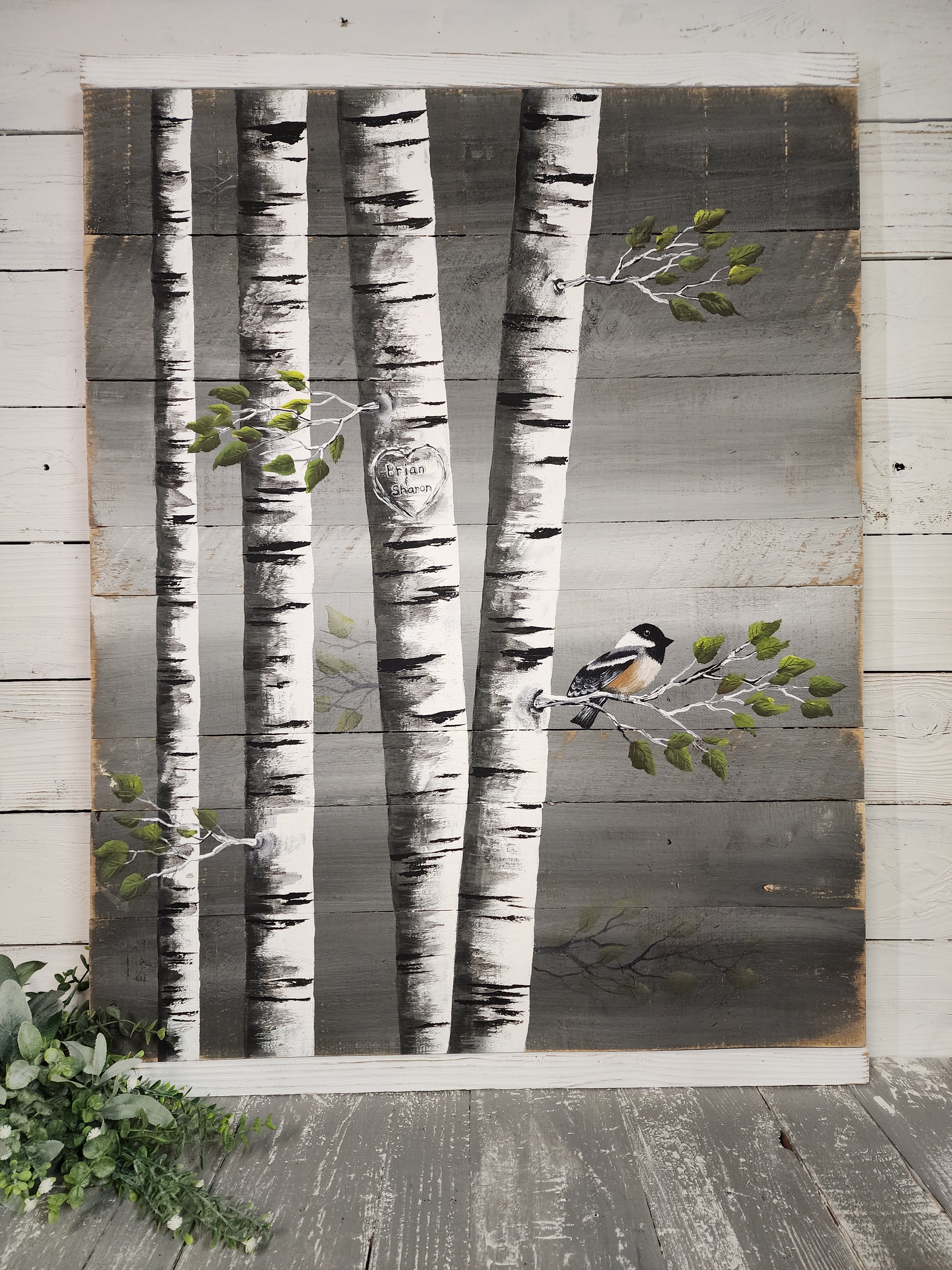 Large White Birch Painting on reclaimed pallet wood, Hand painted wall decor, grey