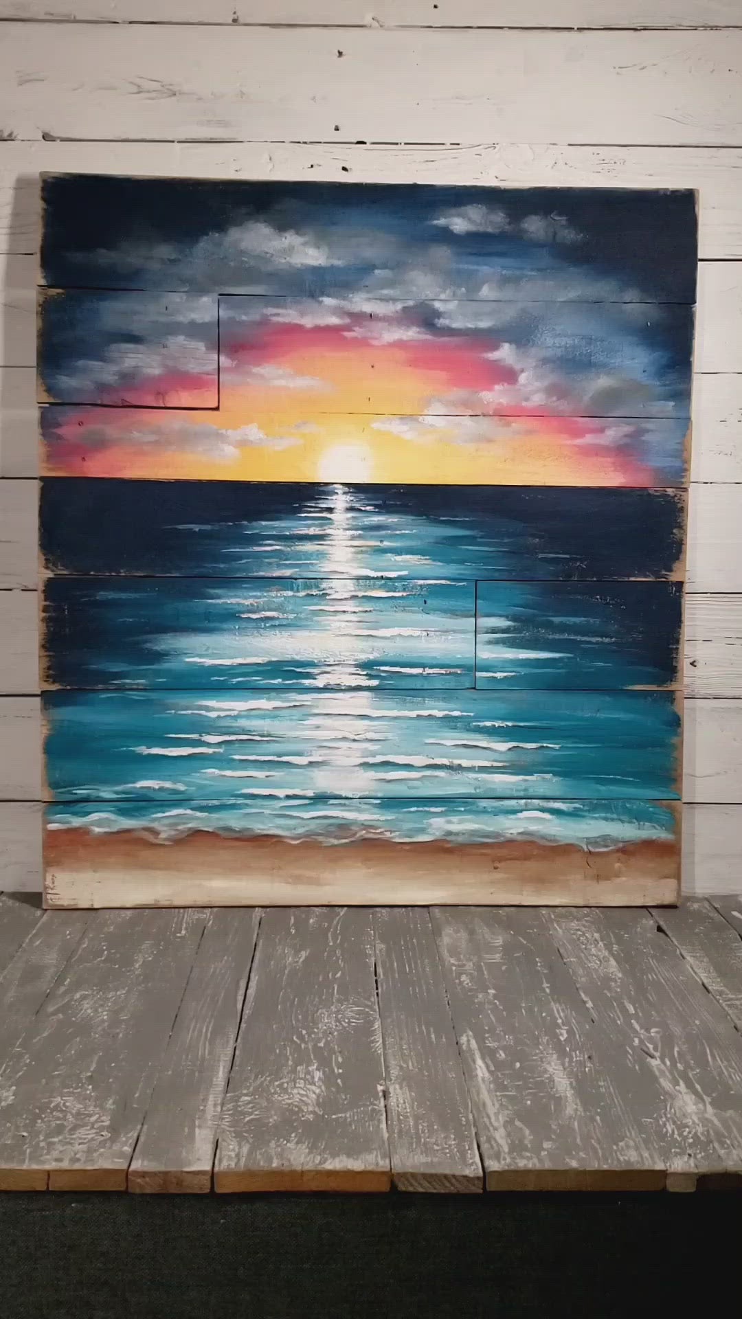 Pallet beach wood Art, Sunset painting, hand painted barnwood Seascape, nautical cottage decor, ocean mural