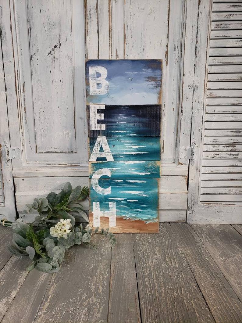 Rustic beach word sign, Hand painted seascape on reclaimed pallet wood, Cottage decor