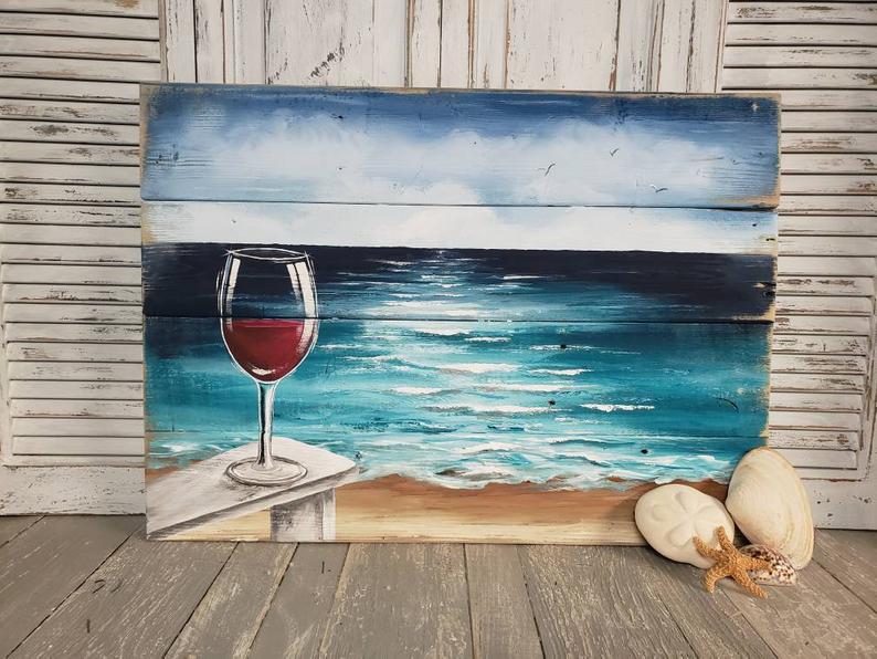 Pallet wood beach Red Wine painting, painting on pallet wood, ocean wall art, Beach Chair, Handmade Seascape horizon, ocean, Distressed