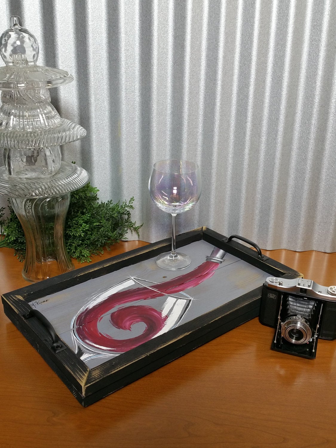 Red Wine painting on pallet reclaimed wood, wood table tray, Hand painted wine glass