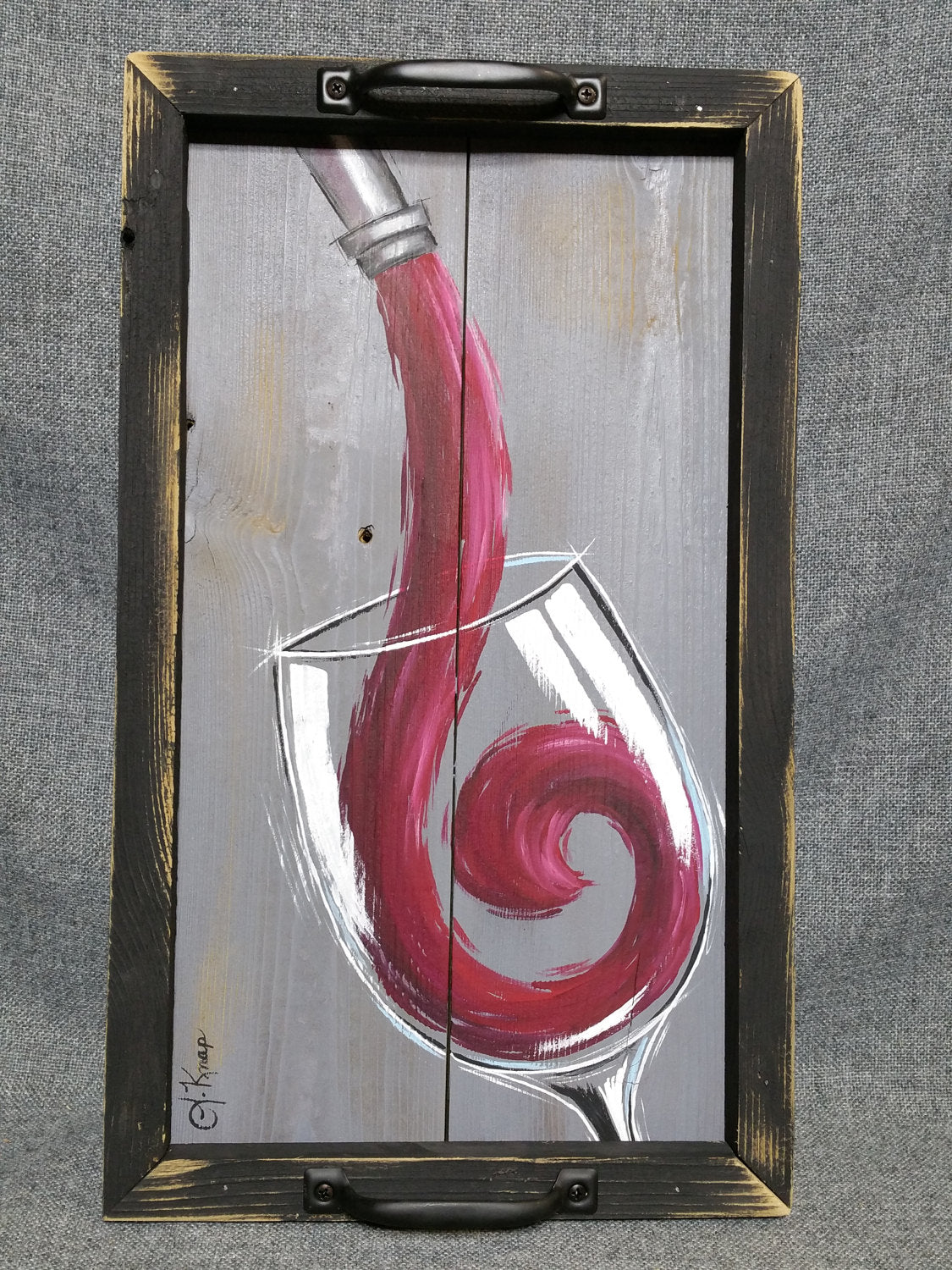 Red Wine painting on pallet reclaimed wood, wood table tray, Hand painted wine glass