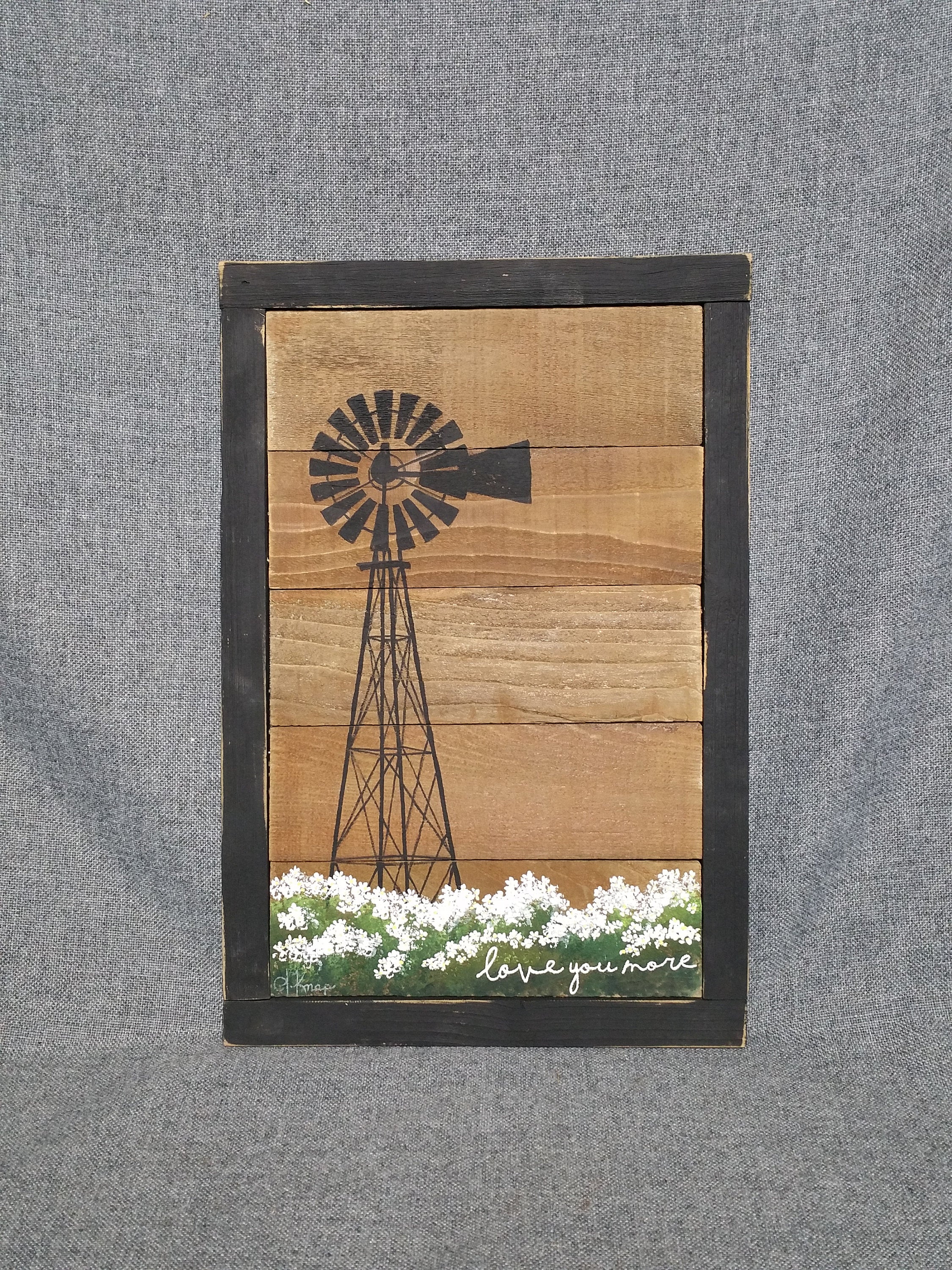 Daisy Pallet Art, hand painted Vintage windmill with "love you more", Farmhouse field of flowers