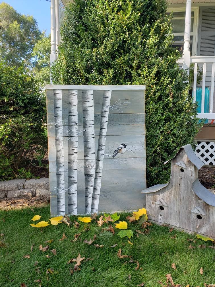 Large White Birch Painting on reclaimed pallet wood, Hand painted wall decor, grey