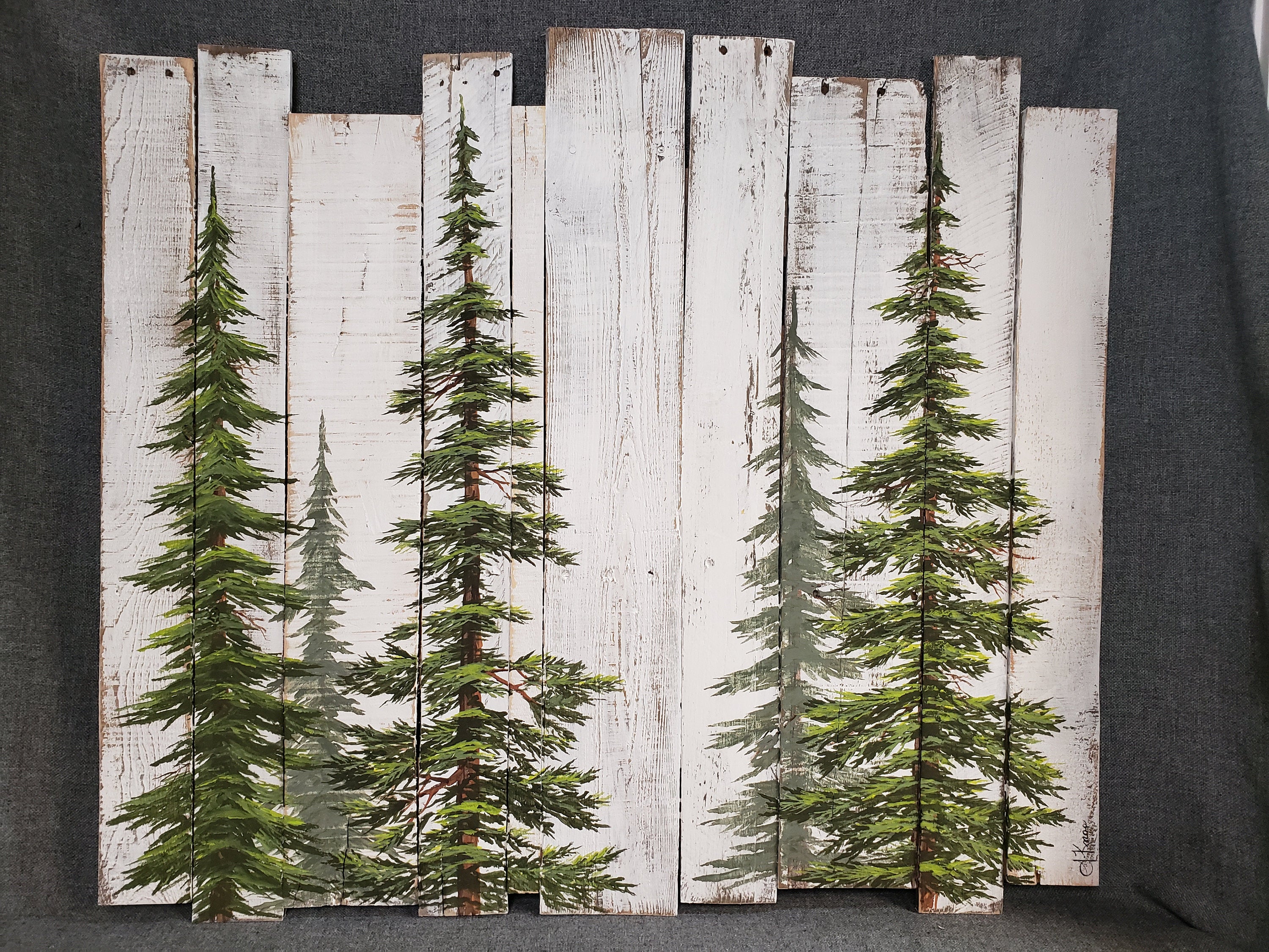 Hand painted pine trees on farmhouse white washed Pallet wood, Headboard Art, Couch art