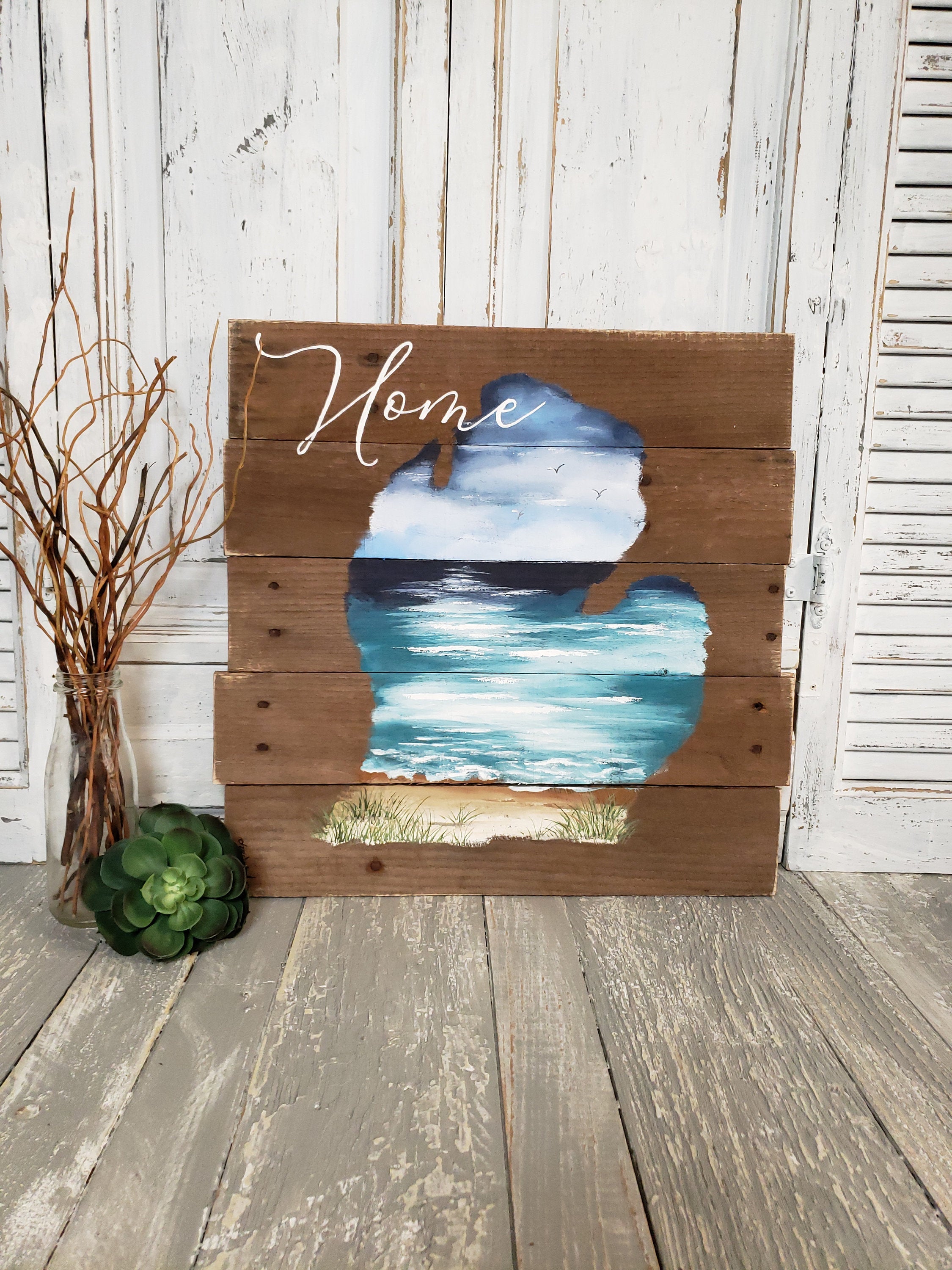 State of Michigan painting, Pure Michigan, Michigan beach, hand painted home word sign, beach word art, Distressed pallet wood