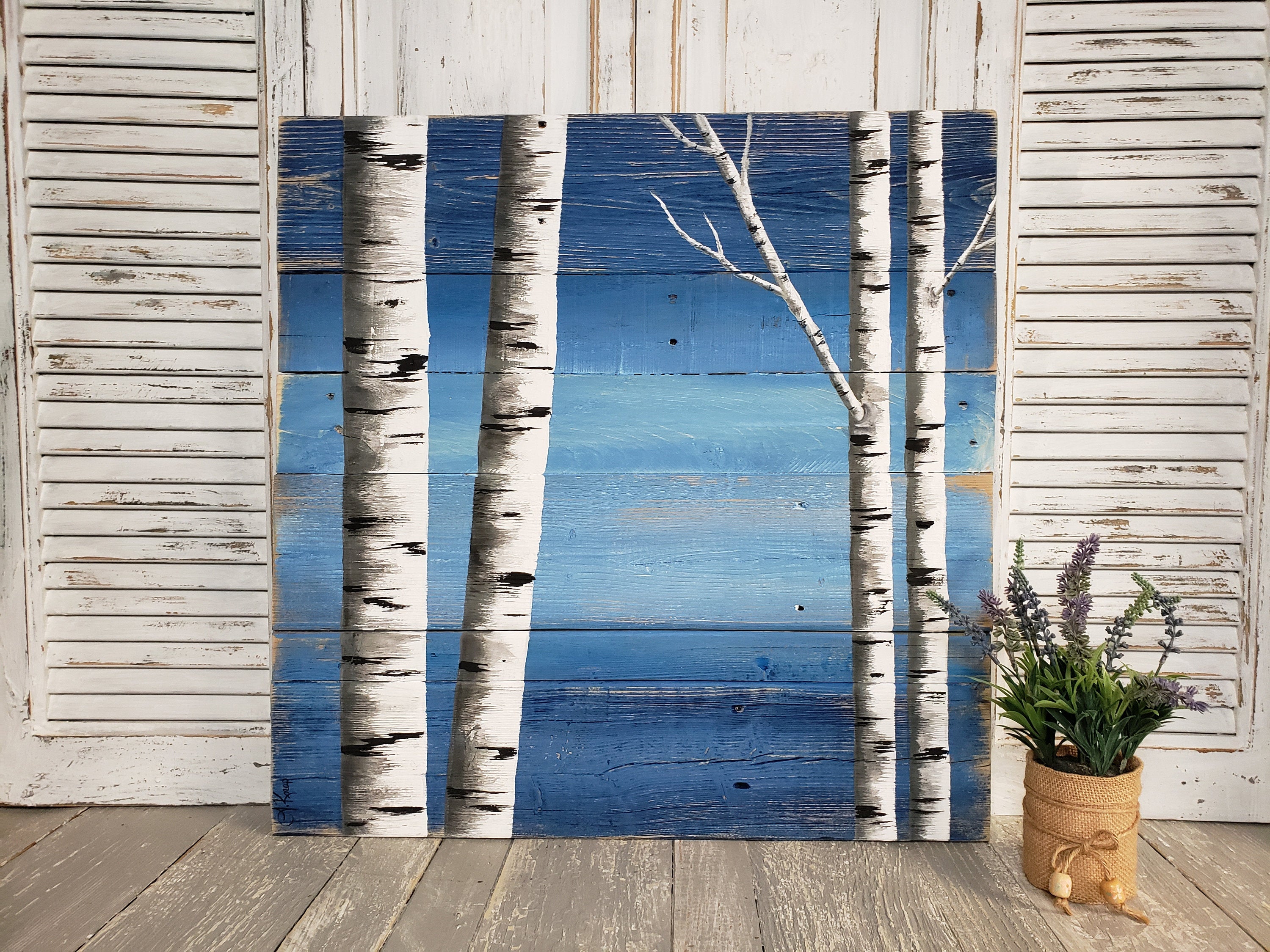 Sky blue white birch Painting on Pallet wood, 2 Piece set, Hand Painted aspen trees, couch artwork