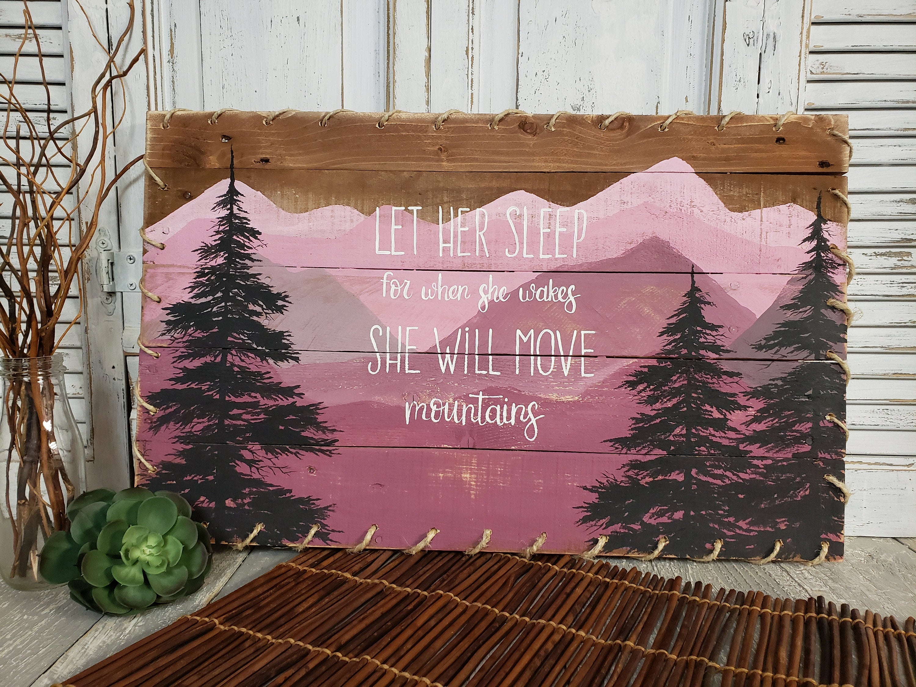 Pink blush Girl Mountain Nursery wall decor, Farmhouse BOHO, Let Her sleep, Mountain wild nature nursery pallet art