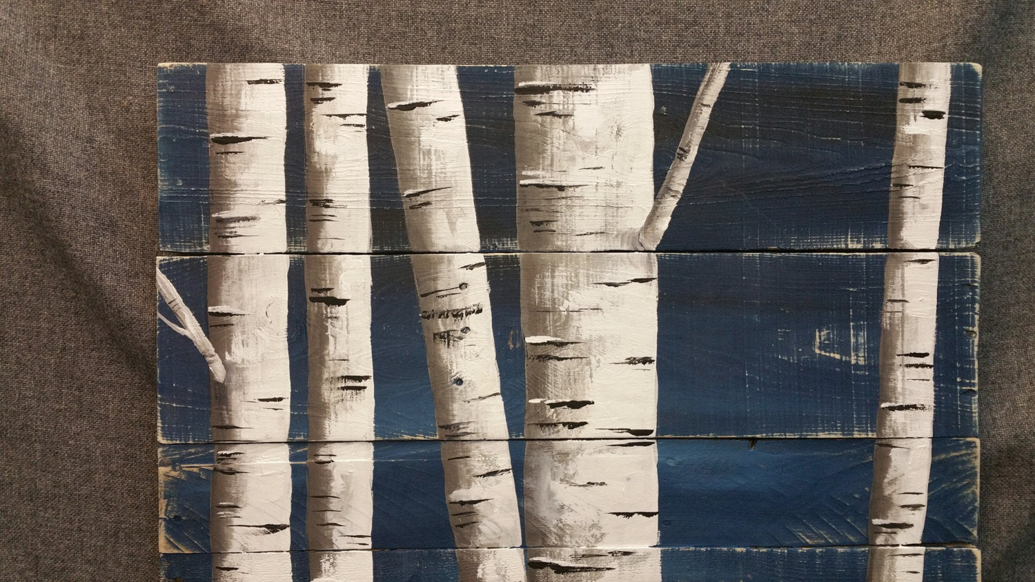 Hand painted white birch on pallet wood, 2 Piece set, Dark Blue decor, Farmhouse rustic painting