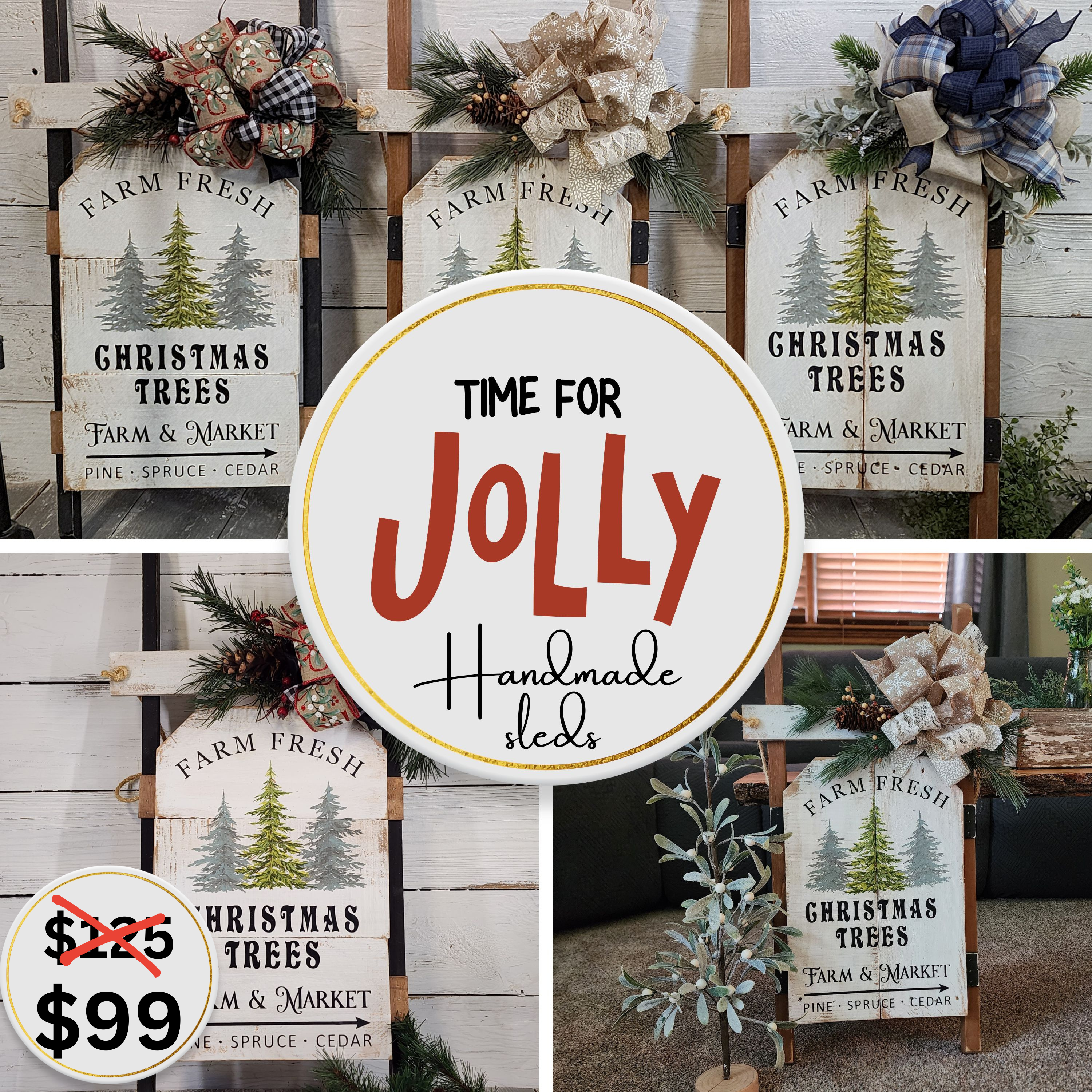 Christmas handmade vintage sled with black accents, Holiday porch decor, recycled wood hand painted pine Christmas trees, Farm fresh trees for sale sign (Copy)