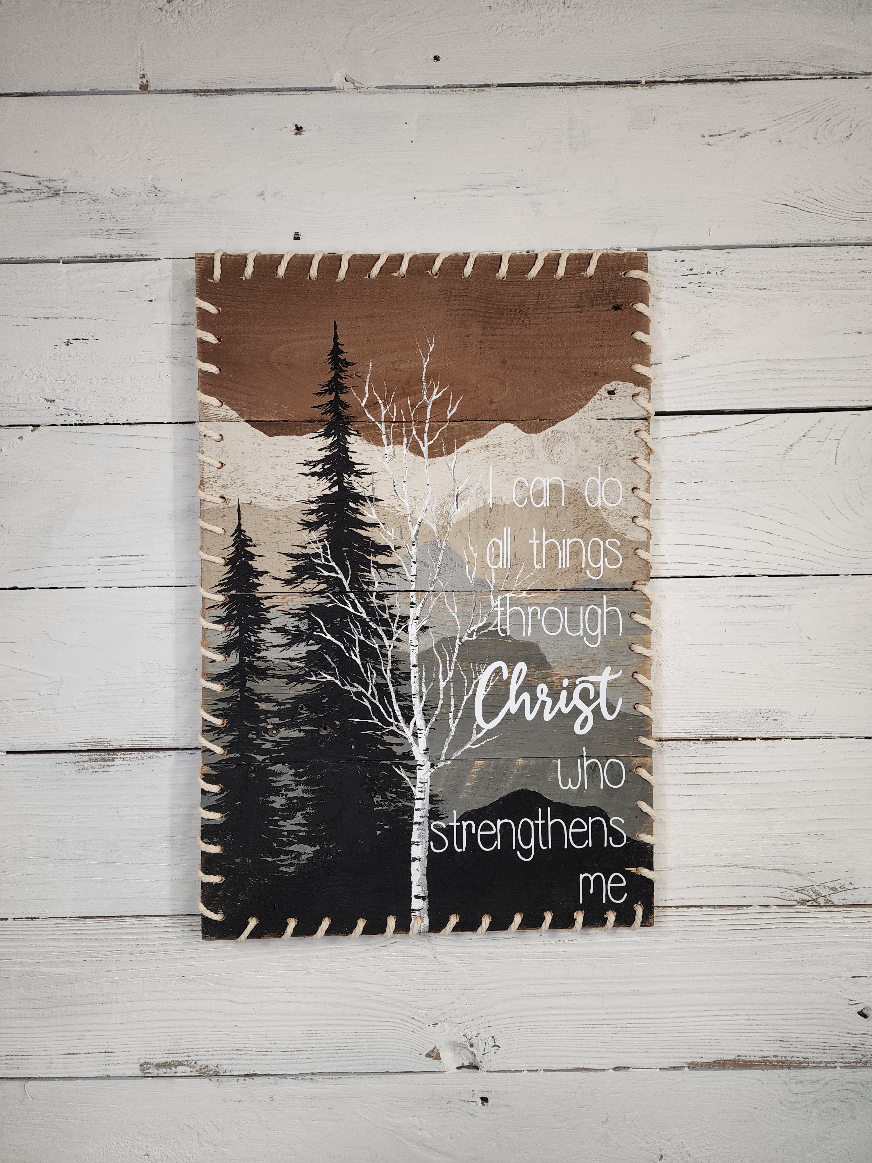 Mountain adventure painting, hand painted white birch and pine trees, I can do all things verse, BOHO macrame