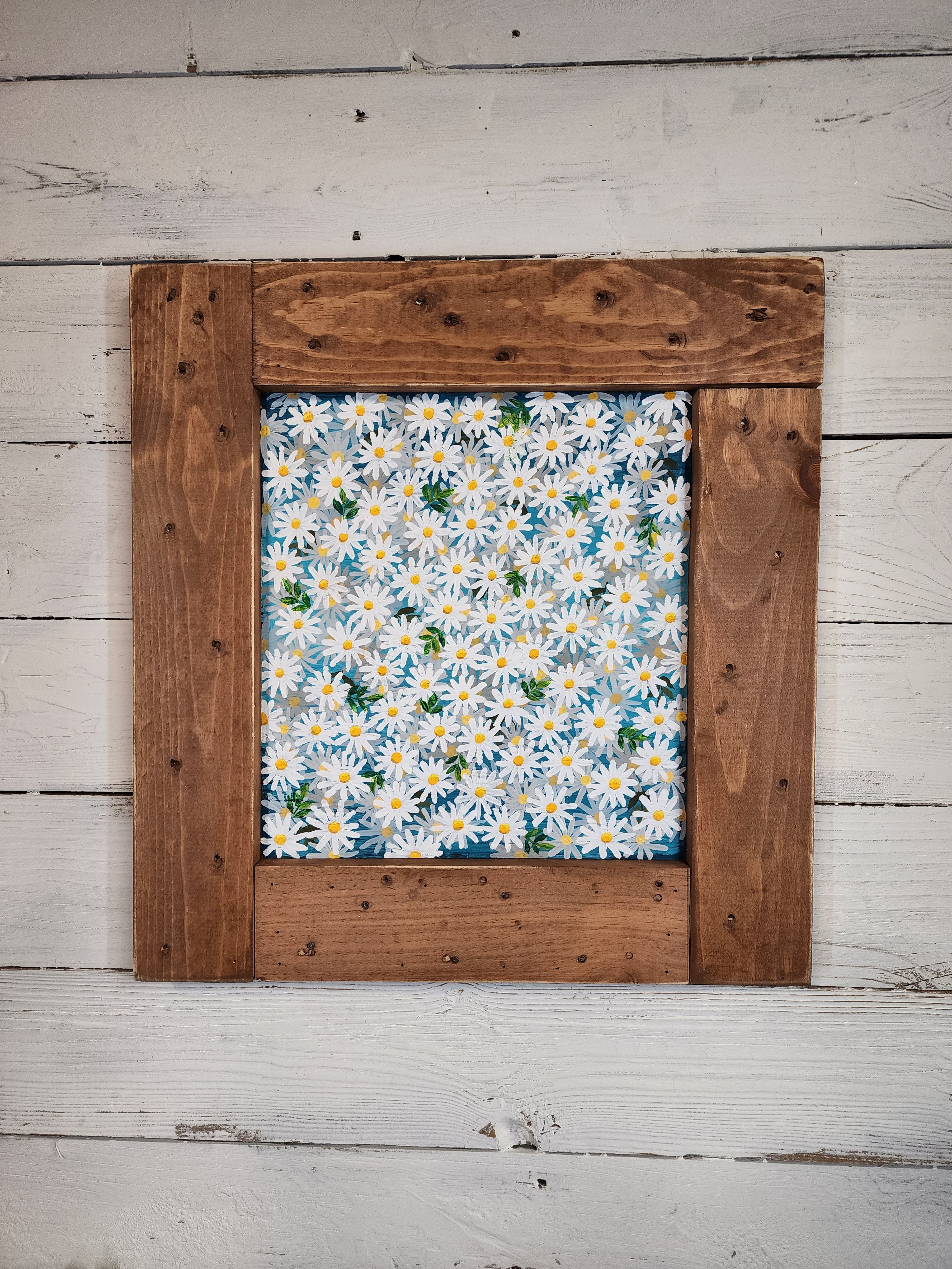 Acrylic floral daisy painting on pallet wood, daisy design on aqua and turquoise background, summer cottage and deck decor artwork,