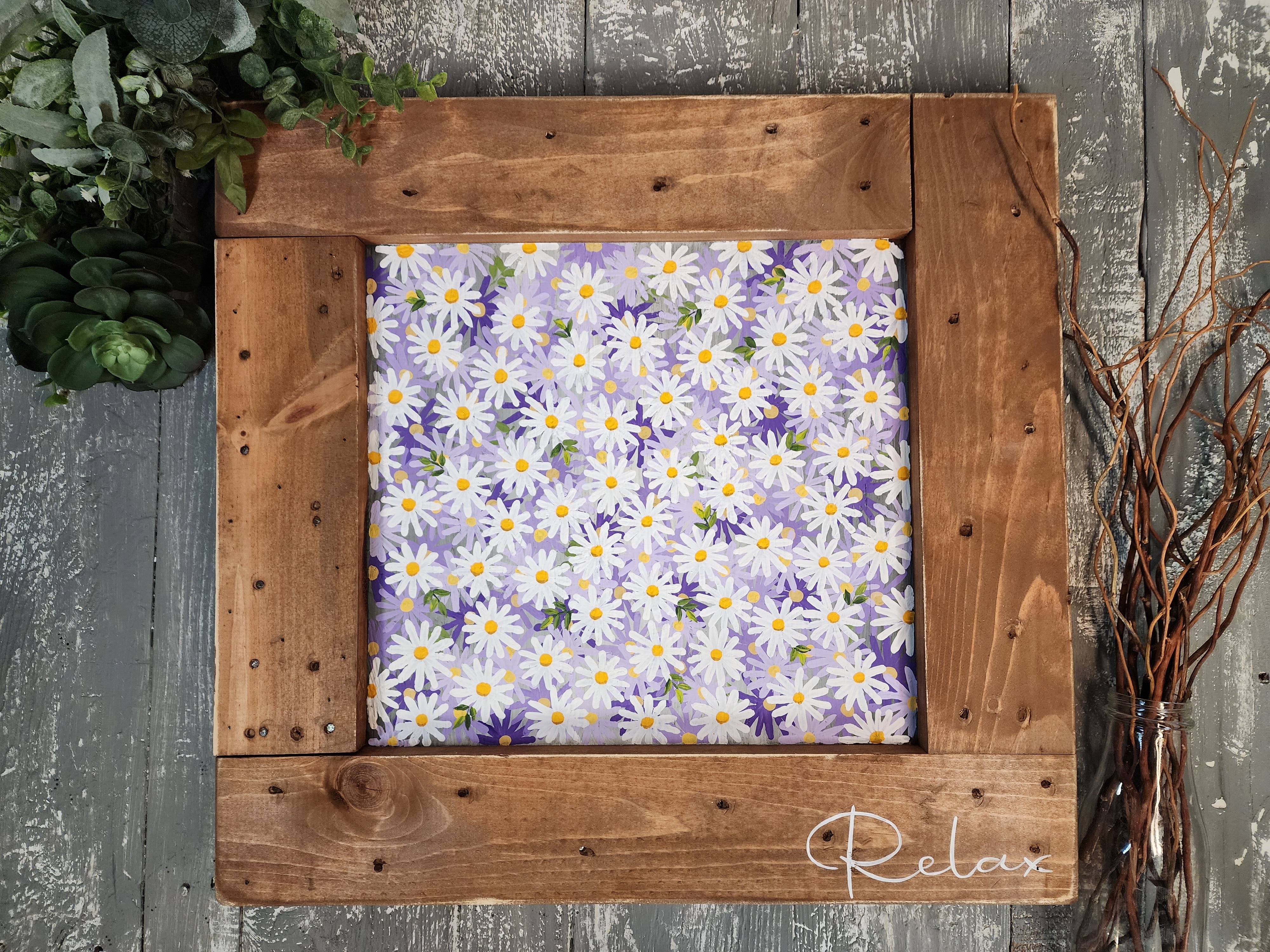 Handpainted Acrylic floral daisy painting on pallet wood, purple lavendar Lilac violet daisy design, summer cottage, deck, porch artwork