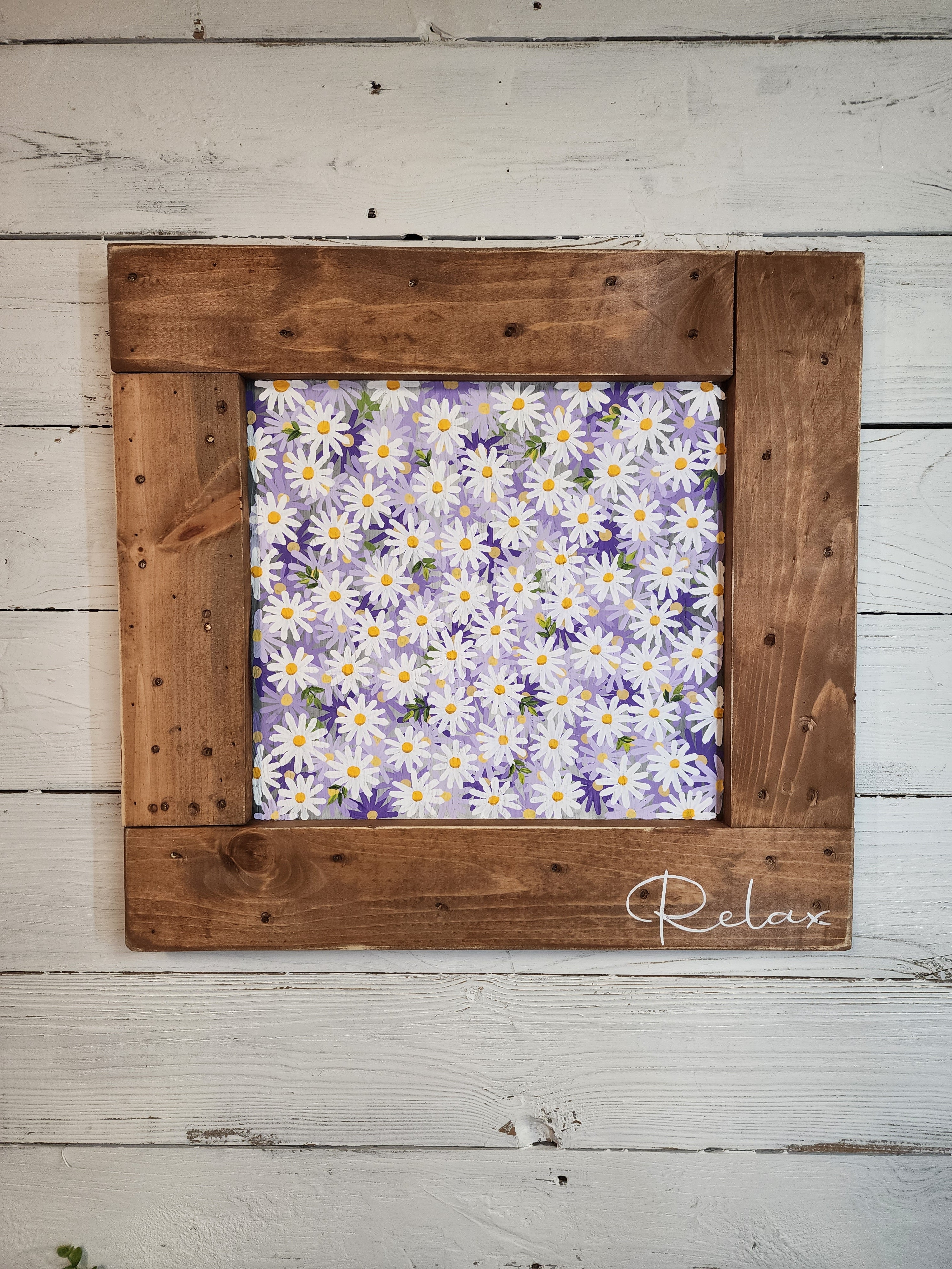 Handpainted Acrylic floral daisy painting on pallet wood, purple lavendar Lilac violet daisy design, summer cottage, deck, porch artwork