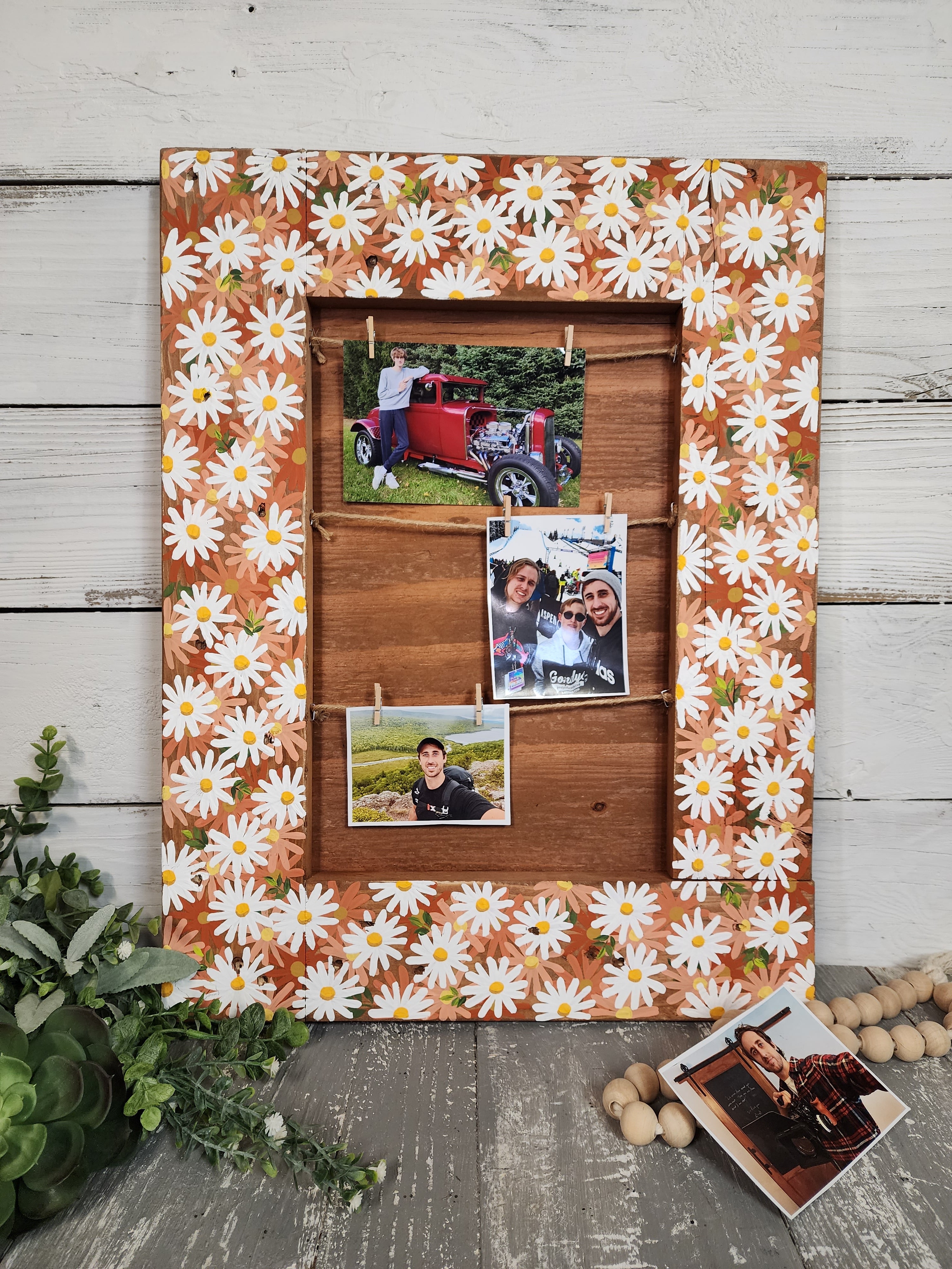 Peach Daisy Handpainted Acrylic floral frame, orange summer decor, pallet wood, photo display, picture clips, cottage deck porch artwork