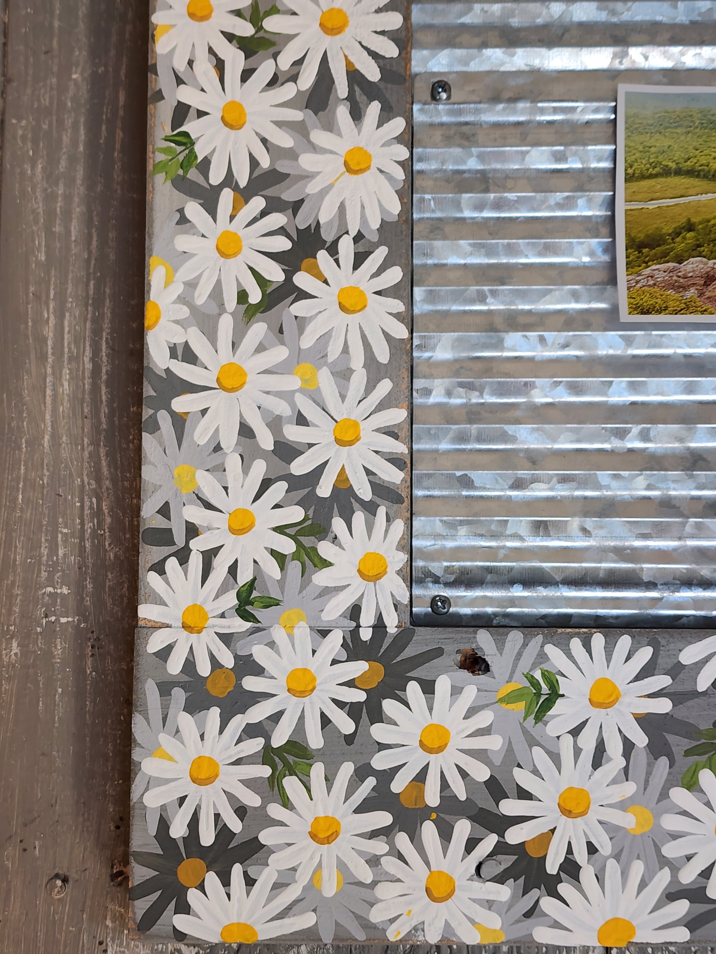 Grey Daisy Handpainted Acrylic floral frame, grey farmhouse summer decor, pallet wood, photo display, corrugated steel for magnet photos