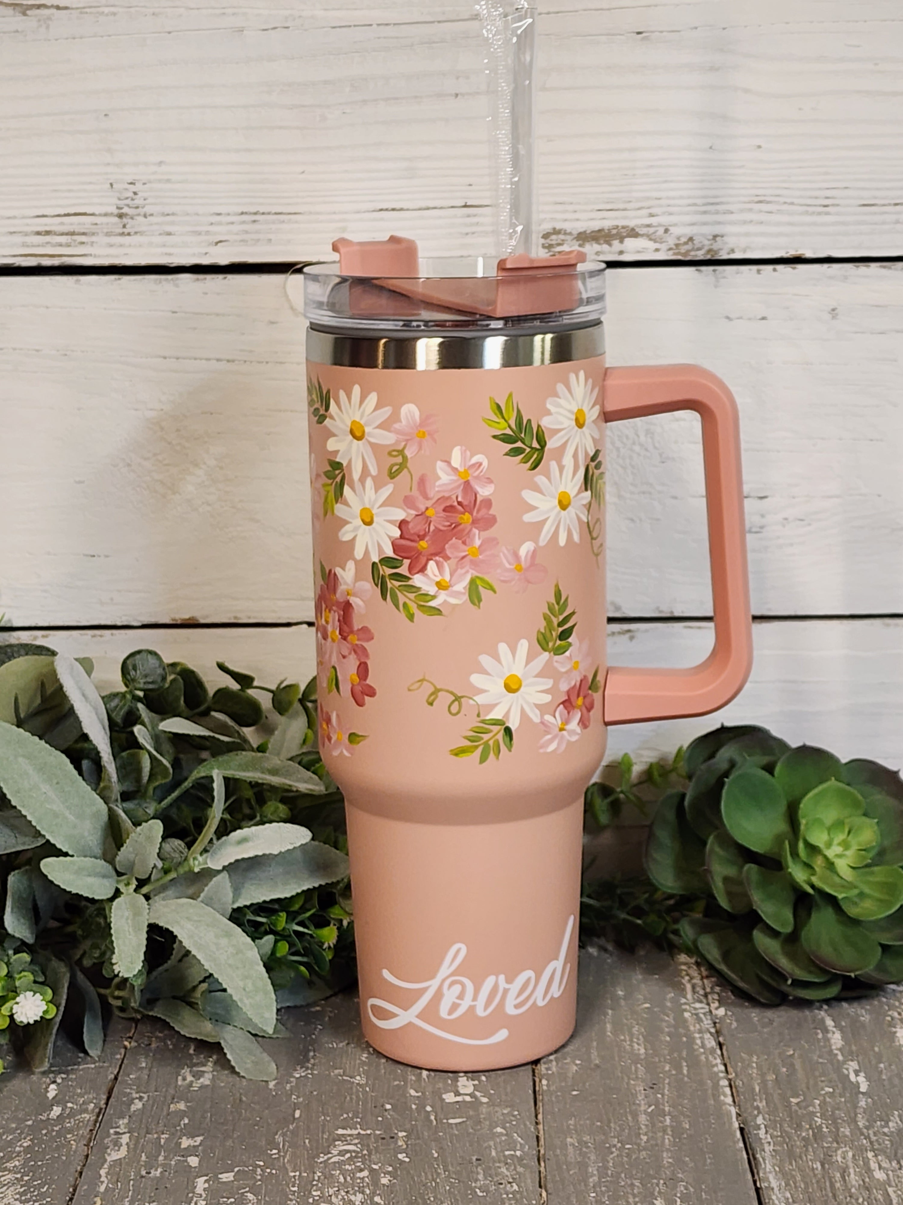 Blush 40oz tumbler with handle, Women's Christmas Gift, Stanley Dupe with hand painted flowers, "Loved", one of a kind floral design, water bottle
