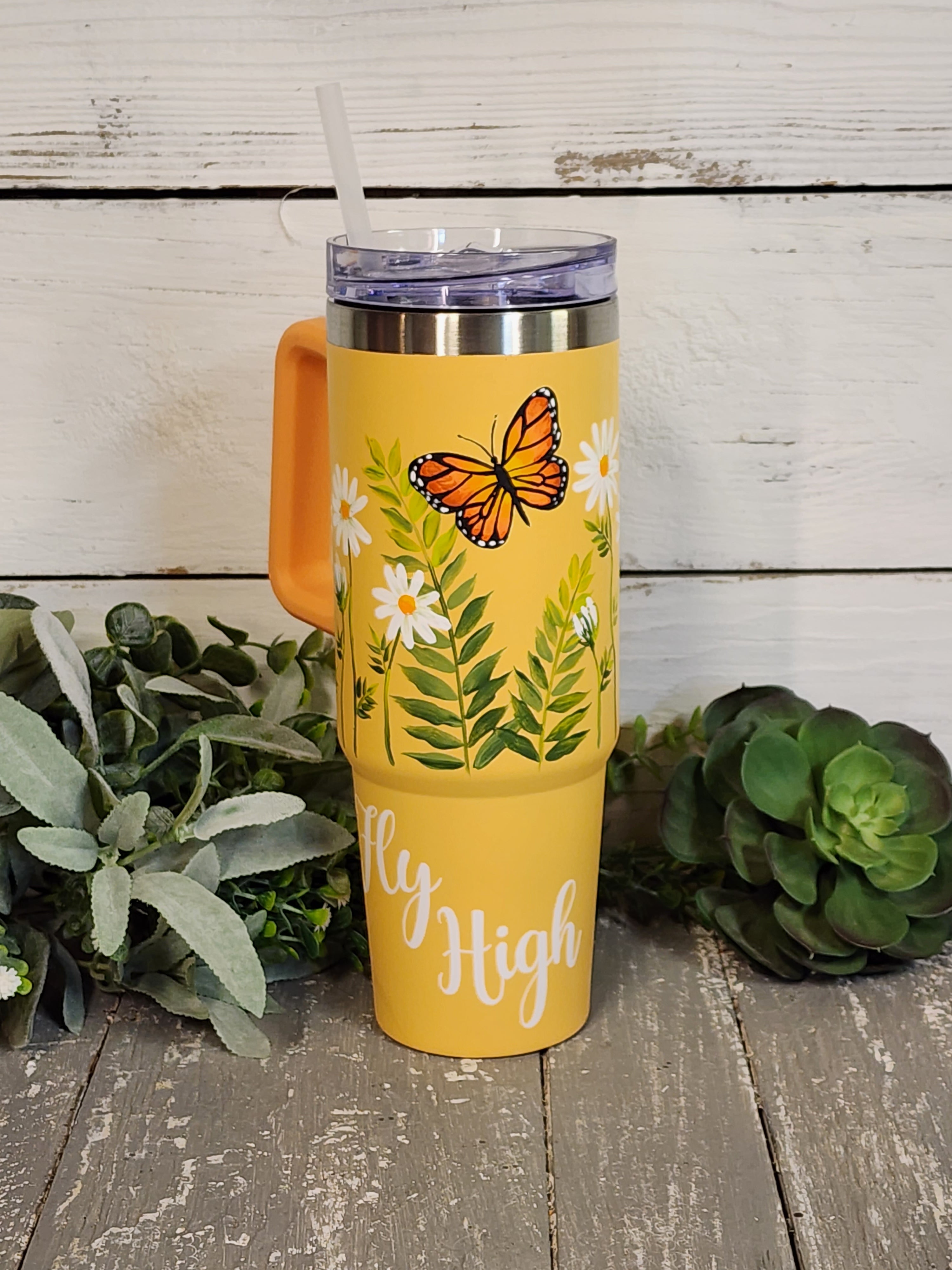 Yellow 40oz tumbler with painted butterflies, Stanley Dupe with hand painted flowers, "Fly High", one of a kind floral design, water bottle