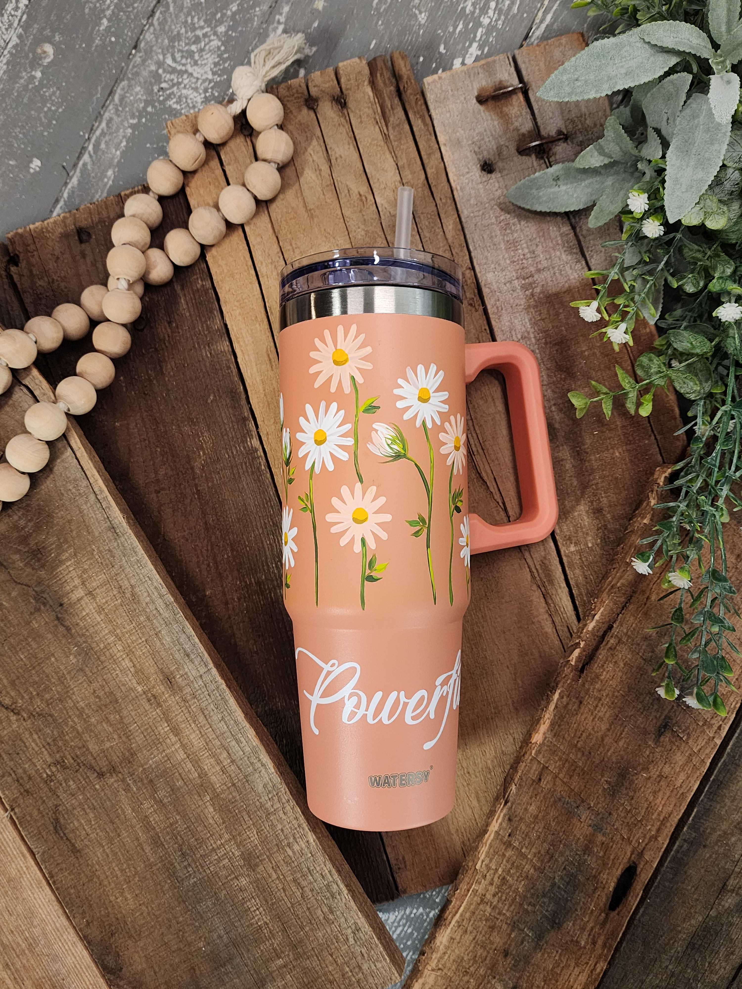 Peach 40oz tumbler with handle, Women's Christmas Gift, Stanley Dupe with hand painted flower dasies, "Powerful", one of a kind floral design, water bottle