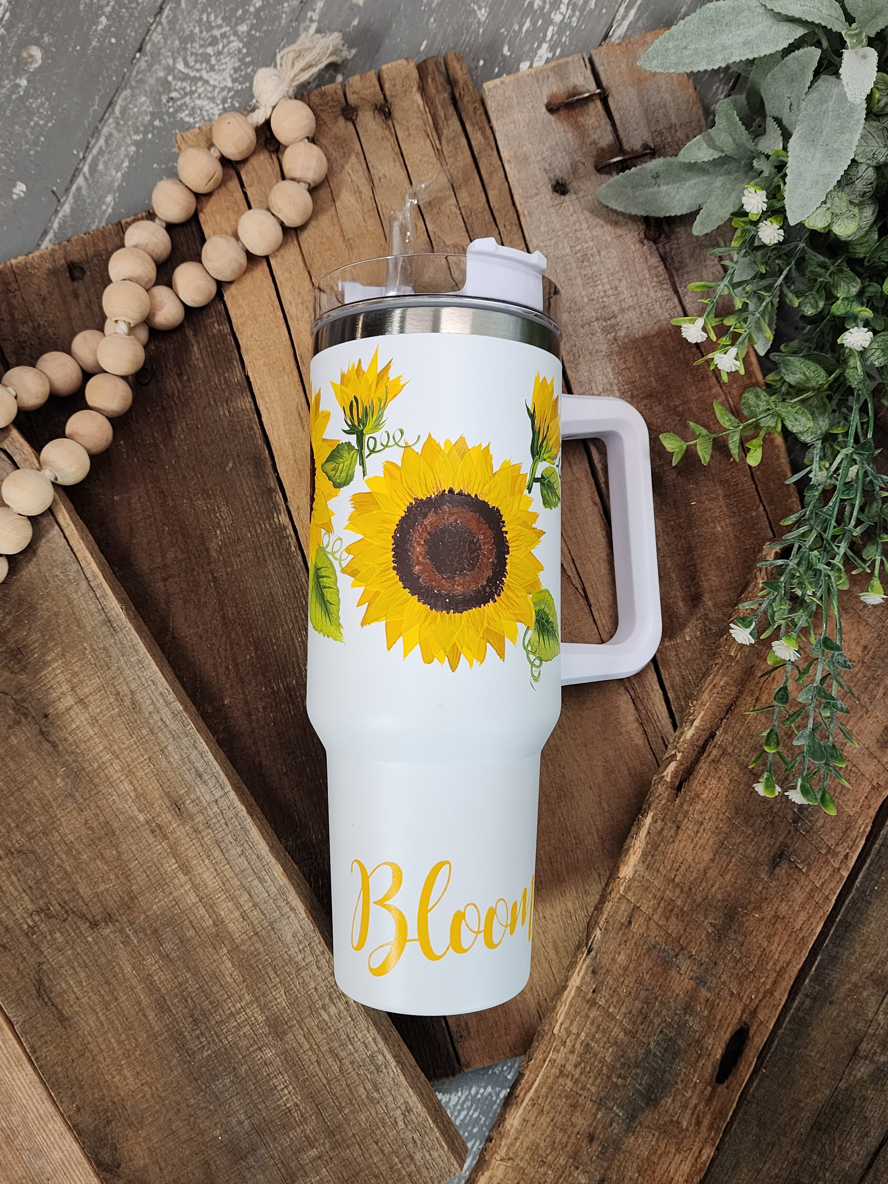 White 40oz tumbler with painted sunflowers, Women's Christmas Gift, Stanley Dupe with hand painted flowers, "Bloom", one of a kind floral design, water bottle