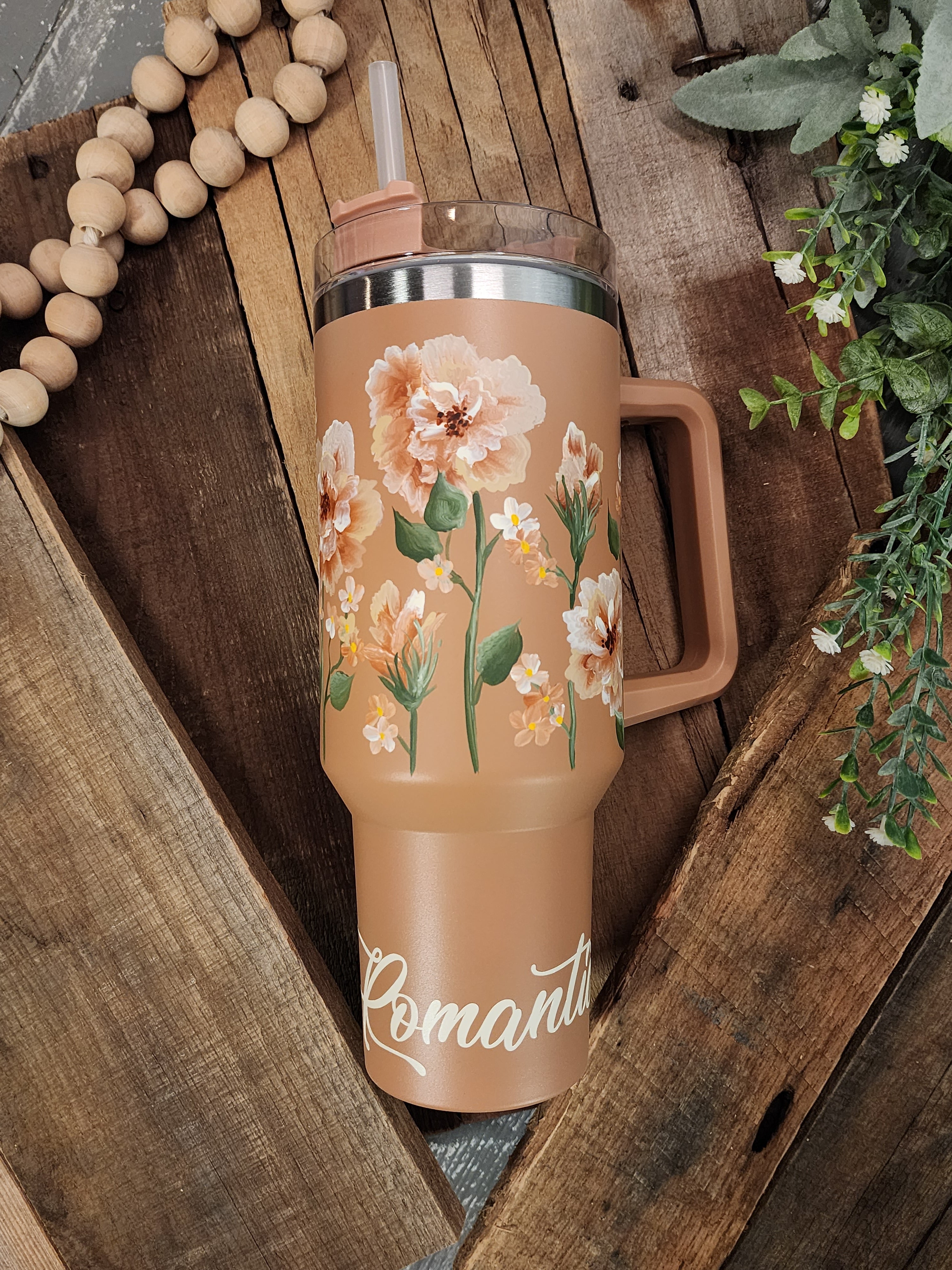 Blush 40oz tumbler with handle, Women's Christmas Gift, Stanley Dupe with  hand painted flowers, Loved, one of a kind floral design, water bottle