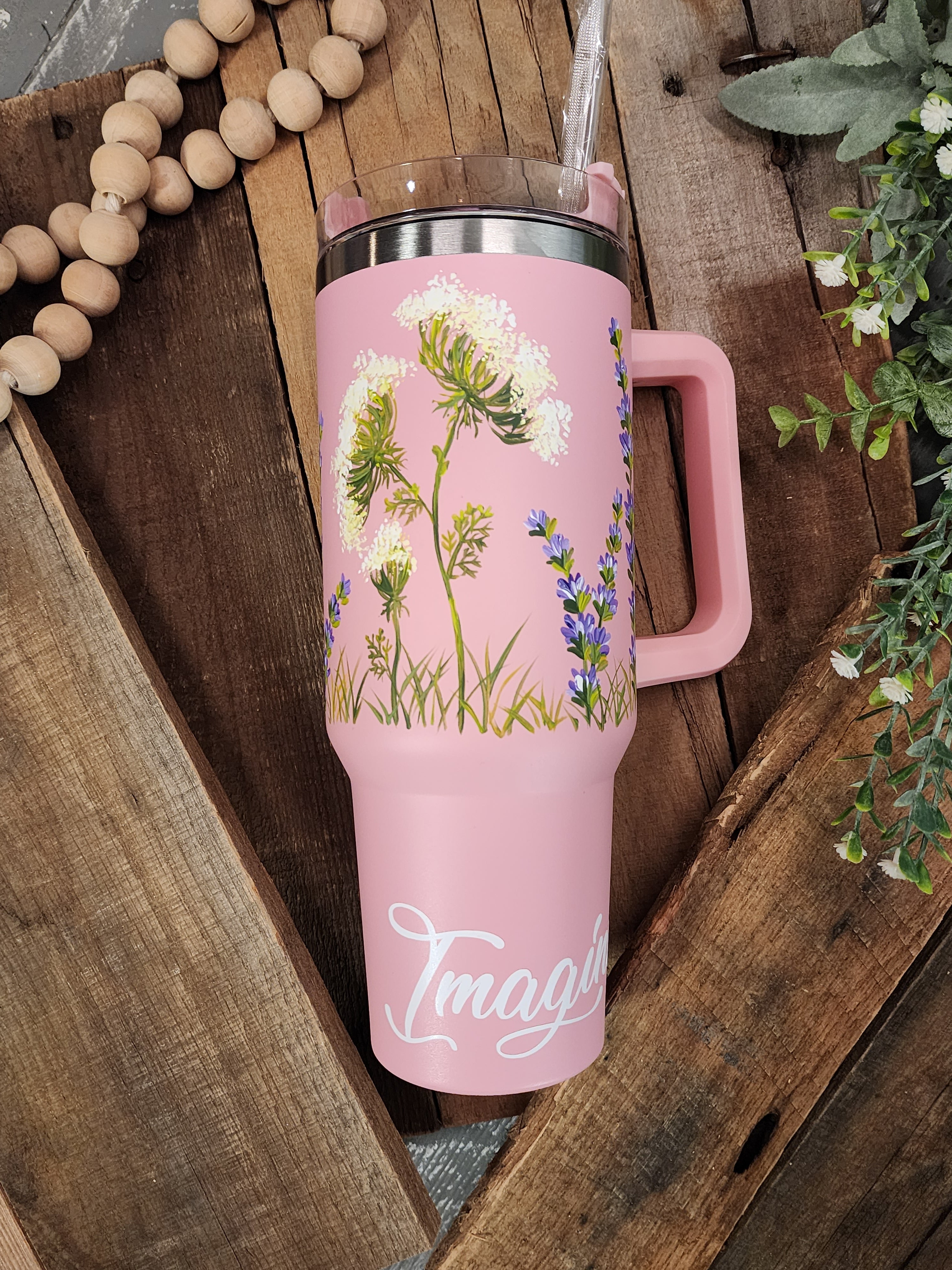 Pink 40oz tumbler with handle, Stanley Dupe with hand painted flower dasies, "Imagine", one of a kind floral wildflower design, water bottle