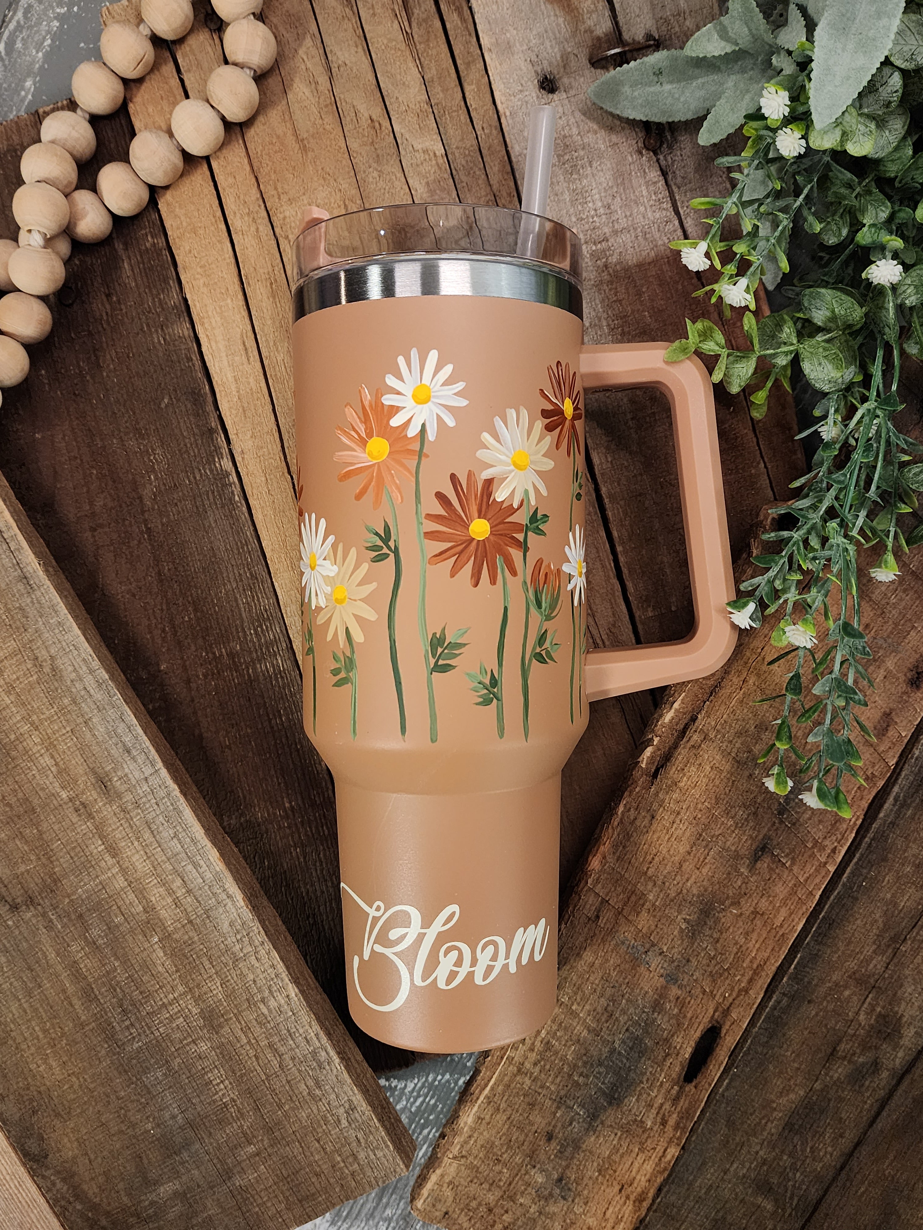 Tan neutral 40oz tumbler with painted dasies,Women's Christmas Gift, Stanley Dupe with hand painted flowers, "Bloom", one of a kind floral design, water bottle