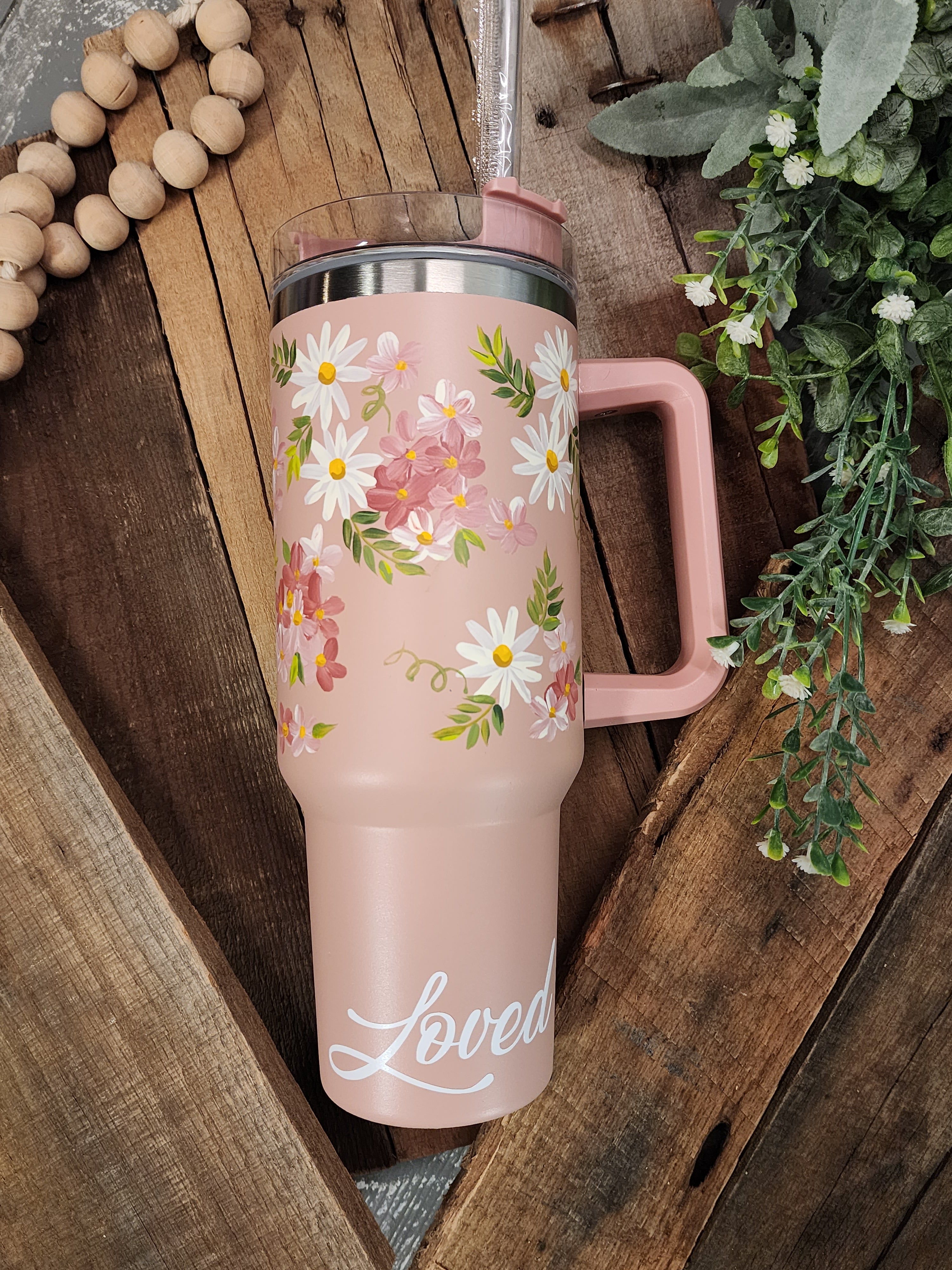 Blush 40oz tumbler with handle, Women's Christmas Gift, Stanley Dupe with hand painted flowers, "Loved", one of a kind floral design, water bottle