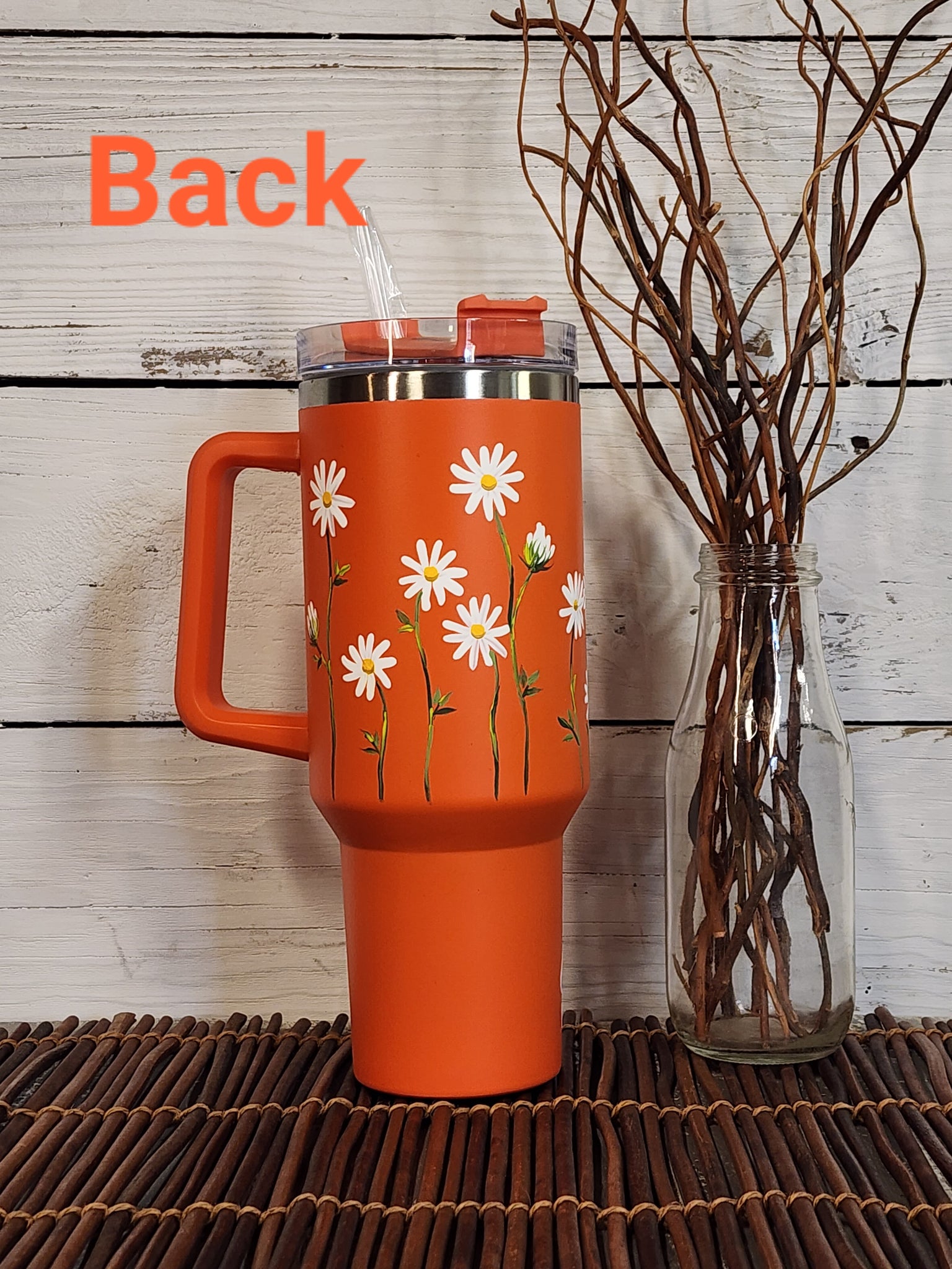 Orange 40oz tumbler with handle, Stanley Dupe with hand painted