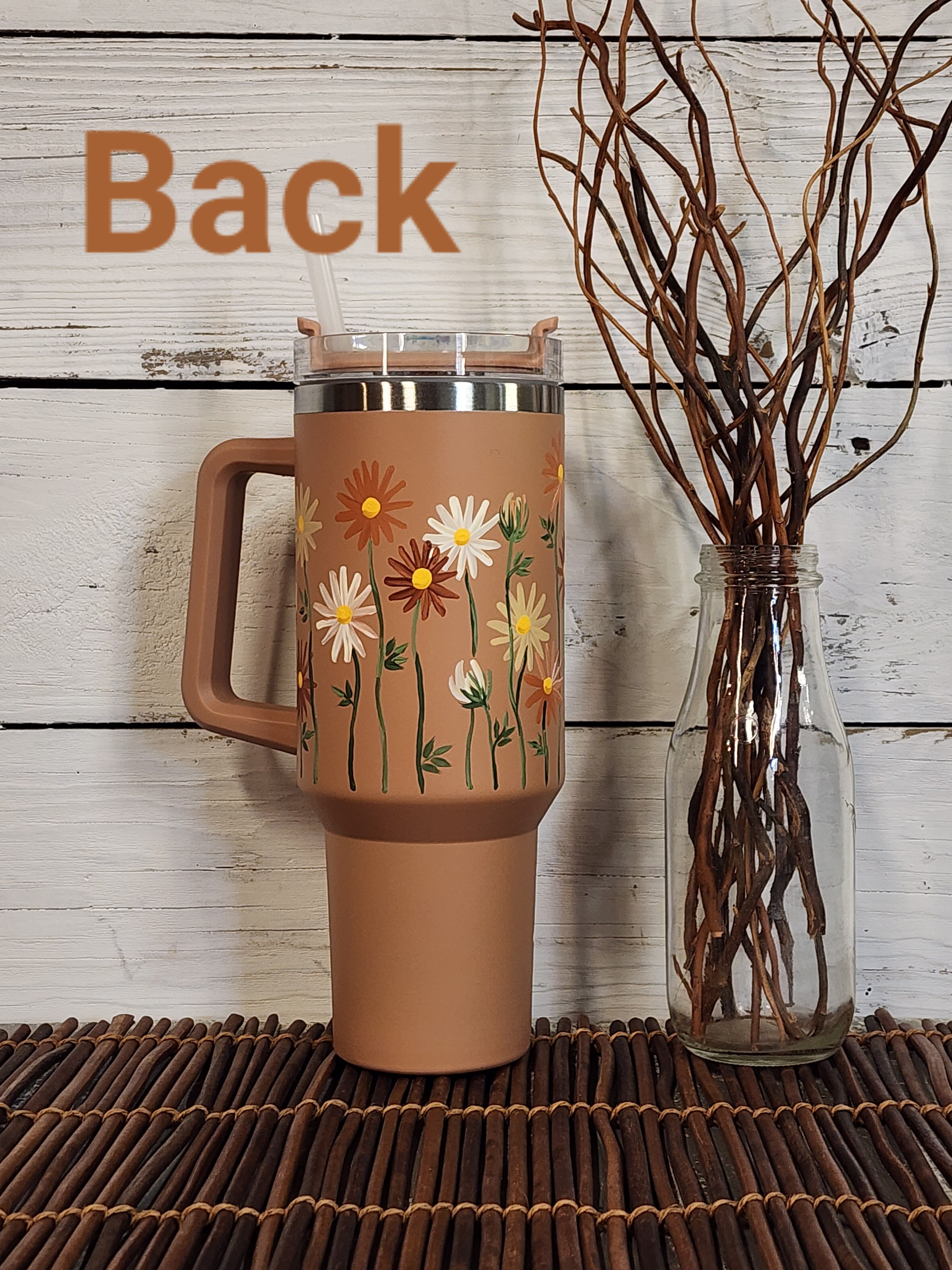Tan neutral 40oz tumbler with painted dasies,Women's Christmas Gift, S