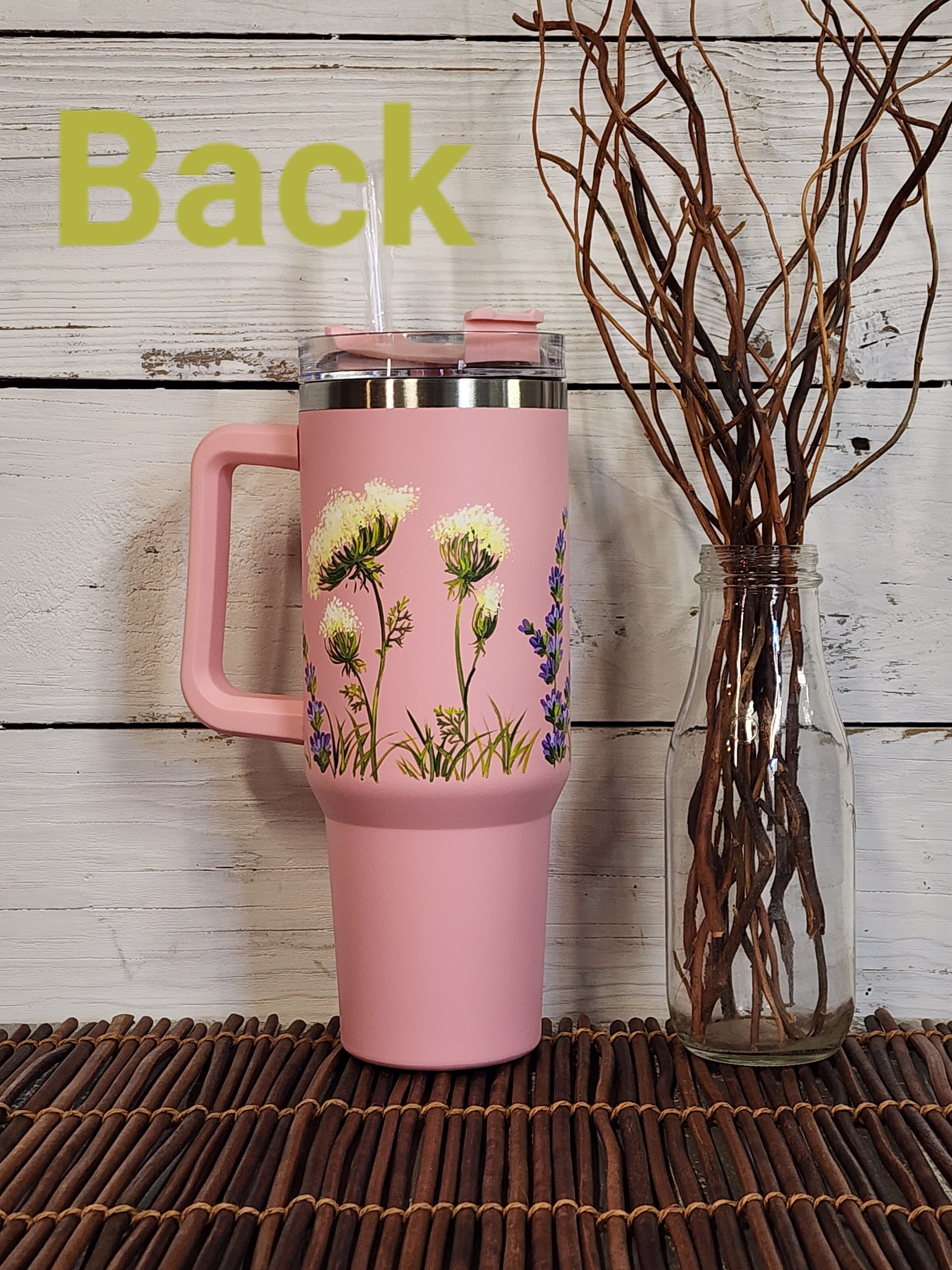 Pink 40oz tumbler with handle, Stanley Dupe with hand painted flower dasies, "Imagine", one of a kind floral wildflower design, water bottle
