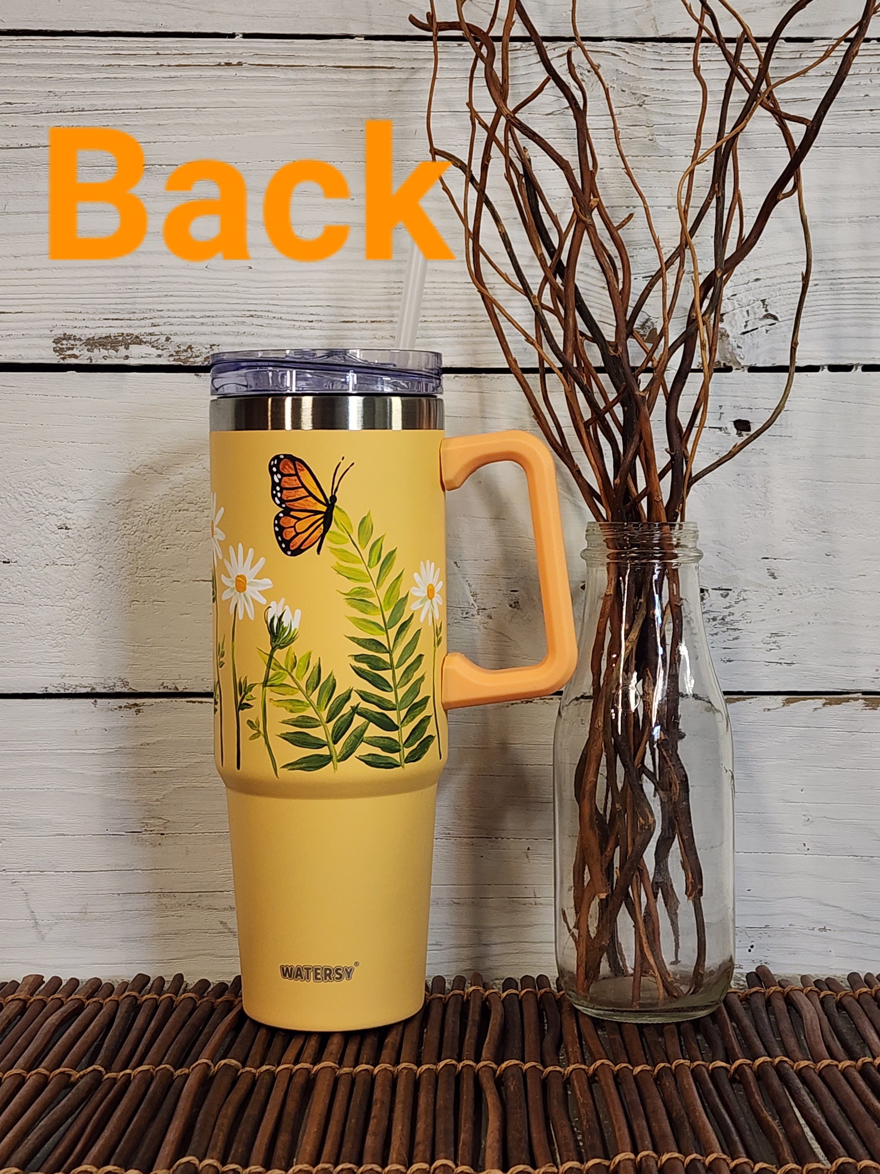 Yellow 40oz tumbler with painted butterflies, Stanley Dupe with hand painted flowers, "Fly High", one of a kind floral design, water bottle