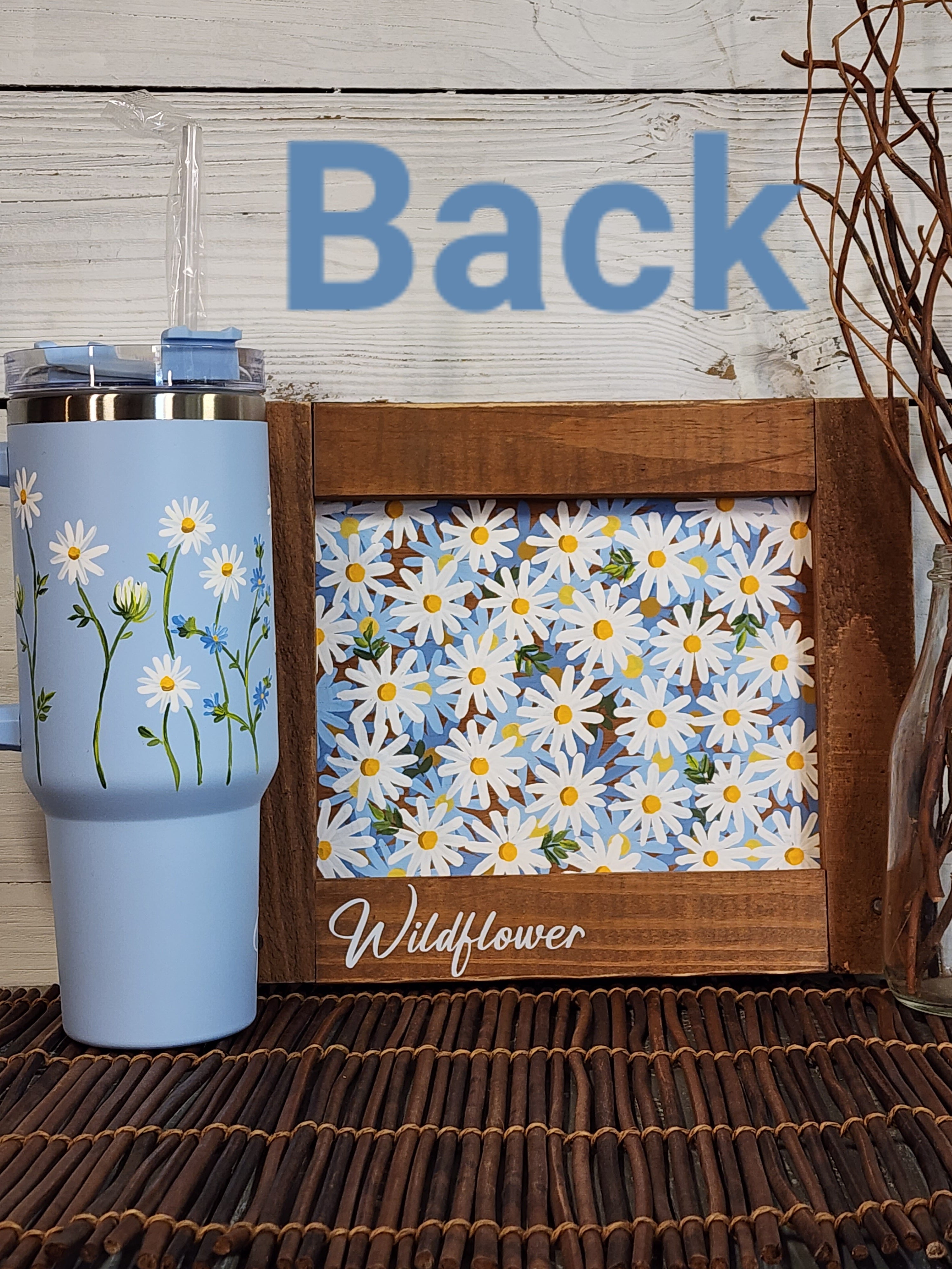 Gift set Light blue 40oz tumbler with painted white daisies, framed pallet wood daisy painting,  "Wildflower", one of a kind floral design, custom water bottle