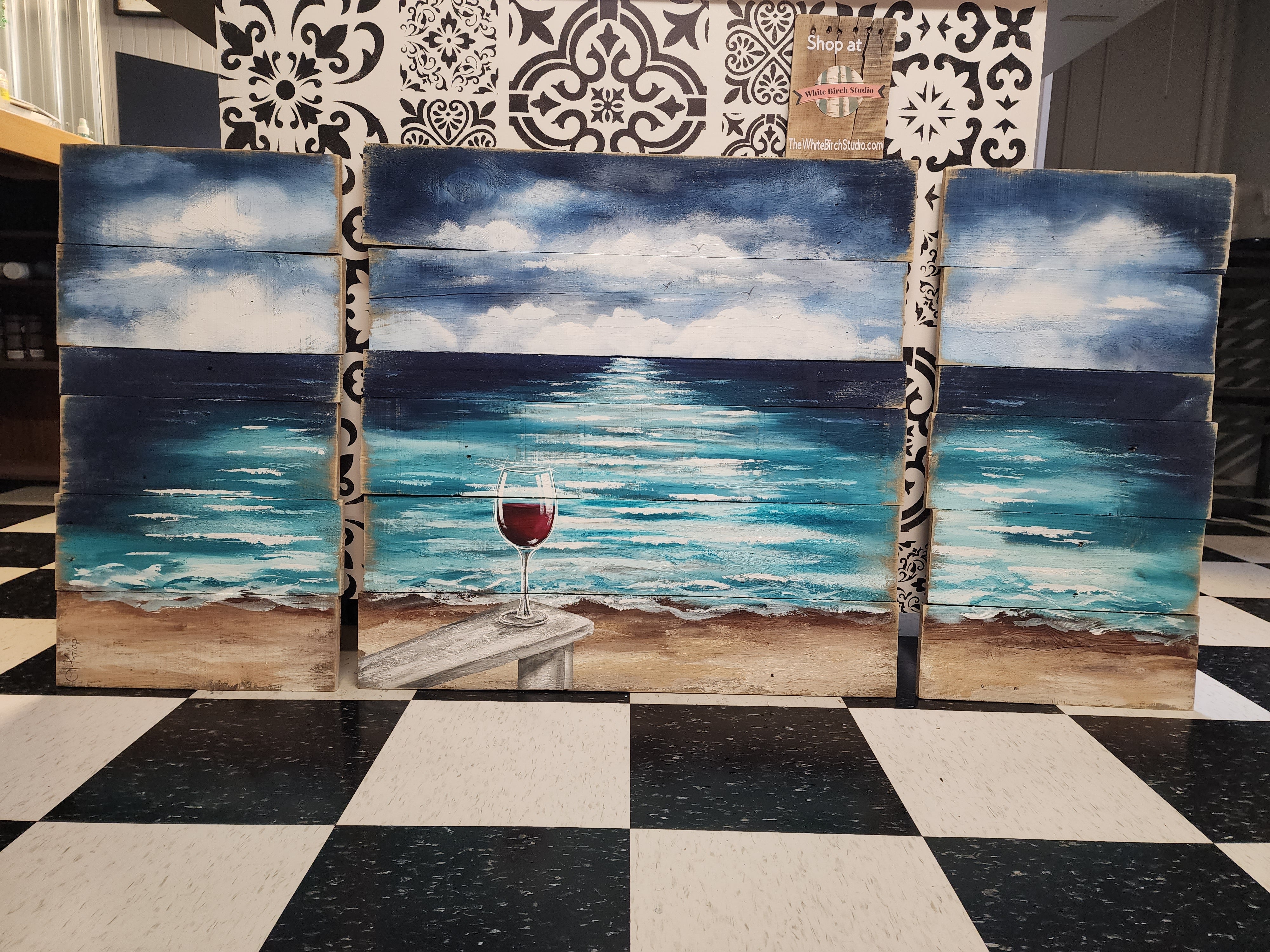 Large 3 Piece Pallet beach art, pallet ocean wall art, Beach Chair with red wine glass, Seascape