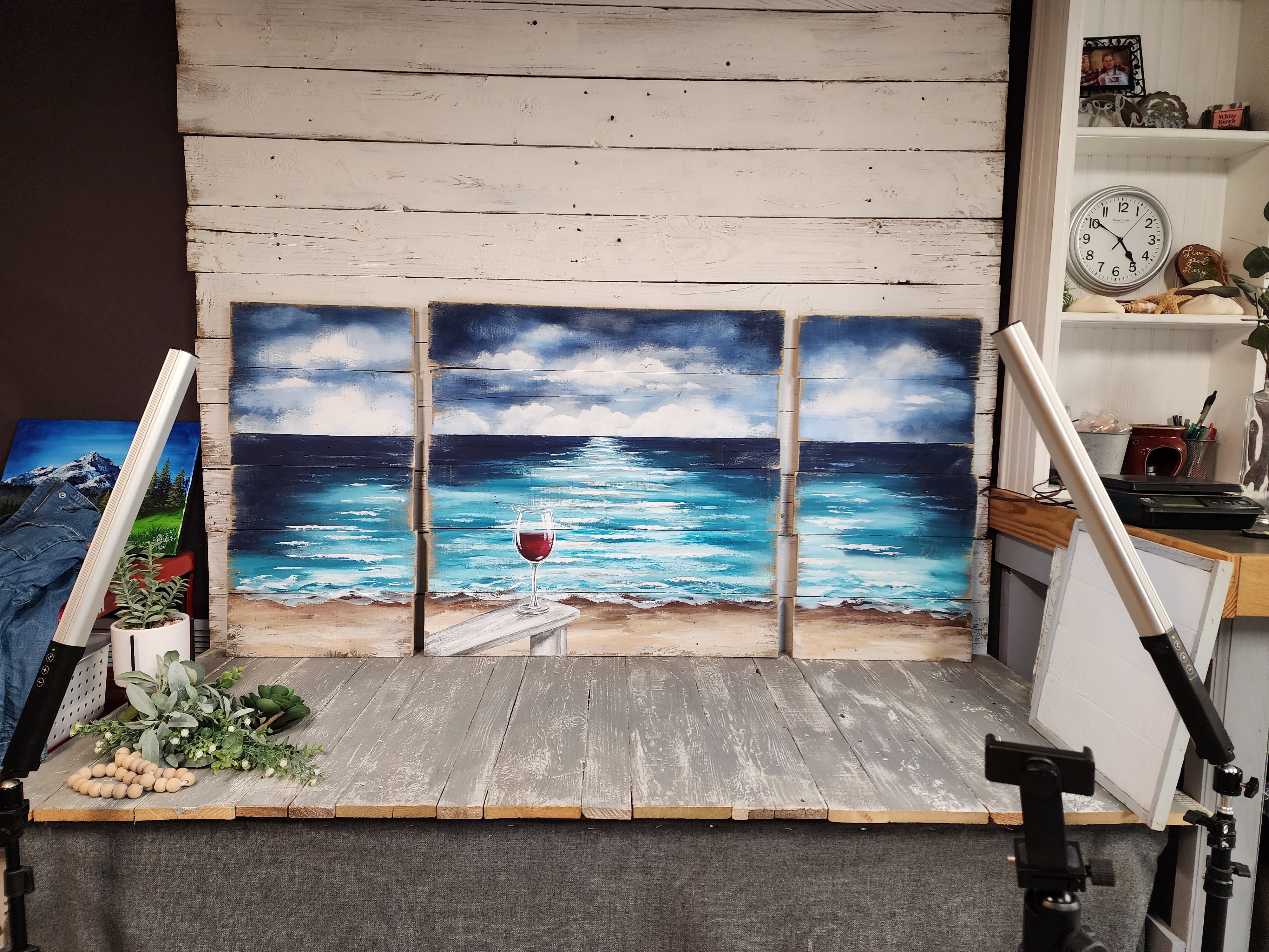 Large 3 Piece Pallet beach art, pallet ocean wall art, Beach Chair with red wine glass, Seascape