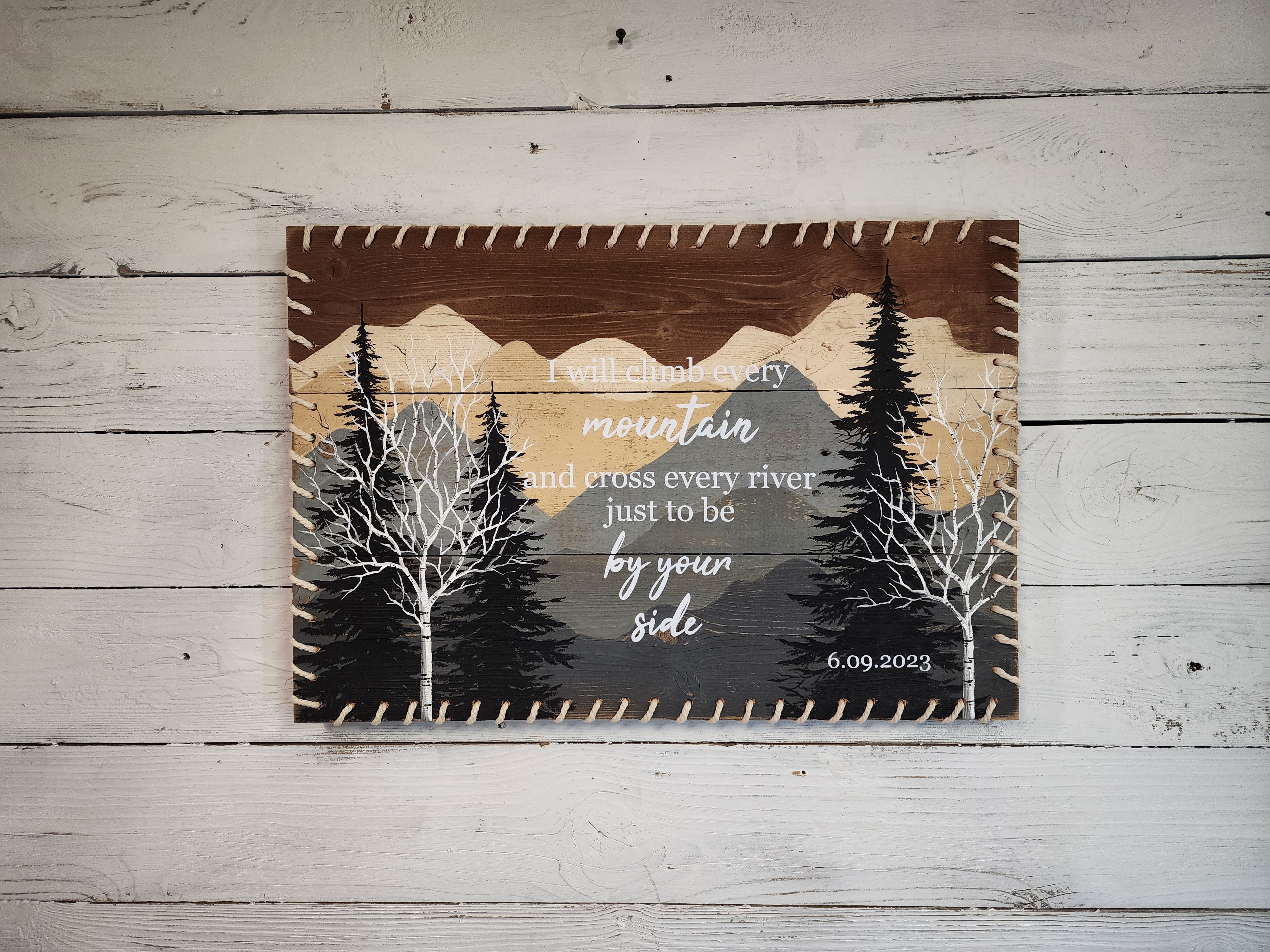 Mountain decor pallet painting, Custom personal wedding gift, pine trees, white birch and mountains, BOHO macrame edging